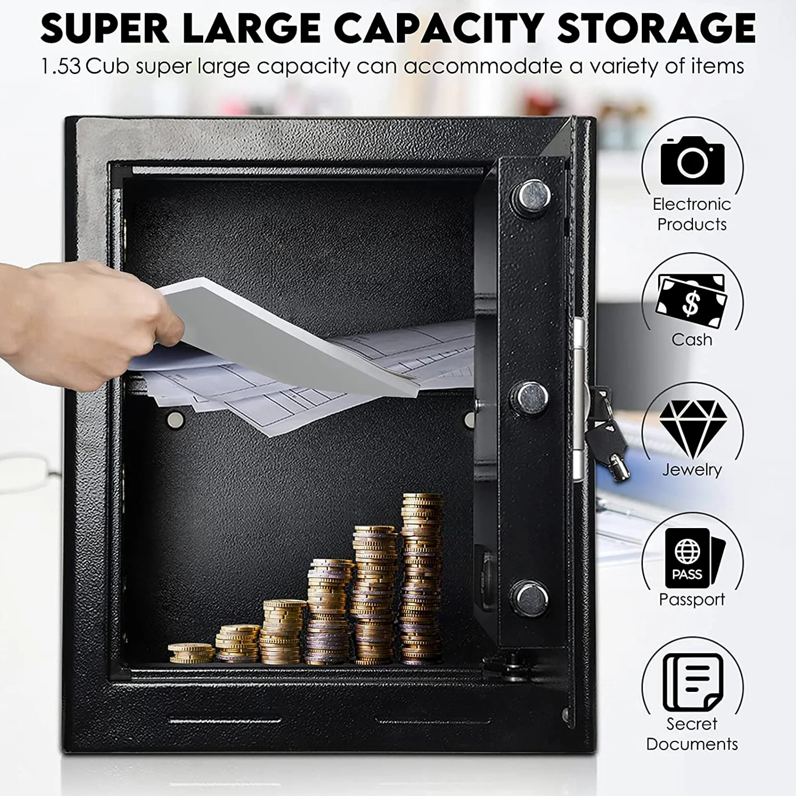 Cassaforte di Sicurezza a Muro, 43L Cassaforte da Armadio Elettronica Digitale Tre Bulloni con Codice e Chiave Cassaforte a Muro con Allarme per Uso Domestico, Hotel, Ufficio