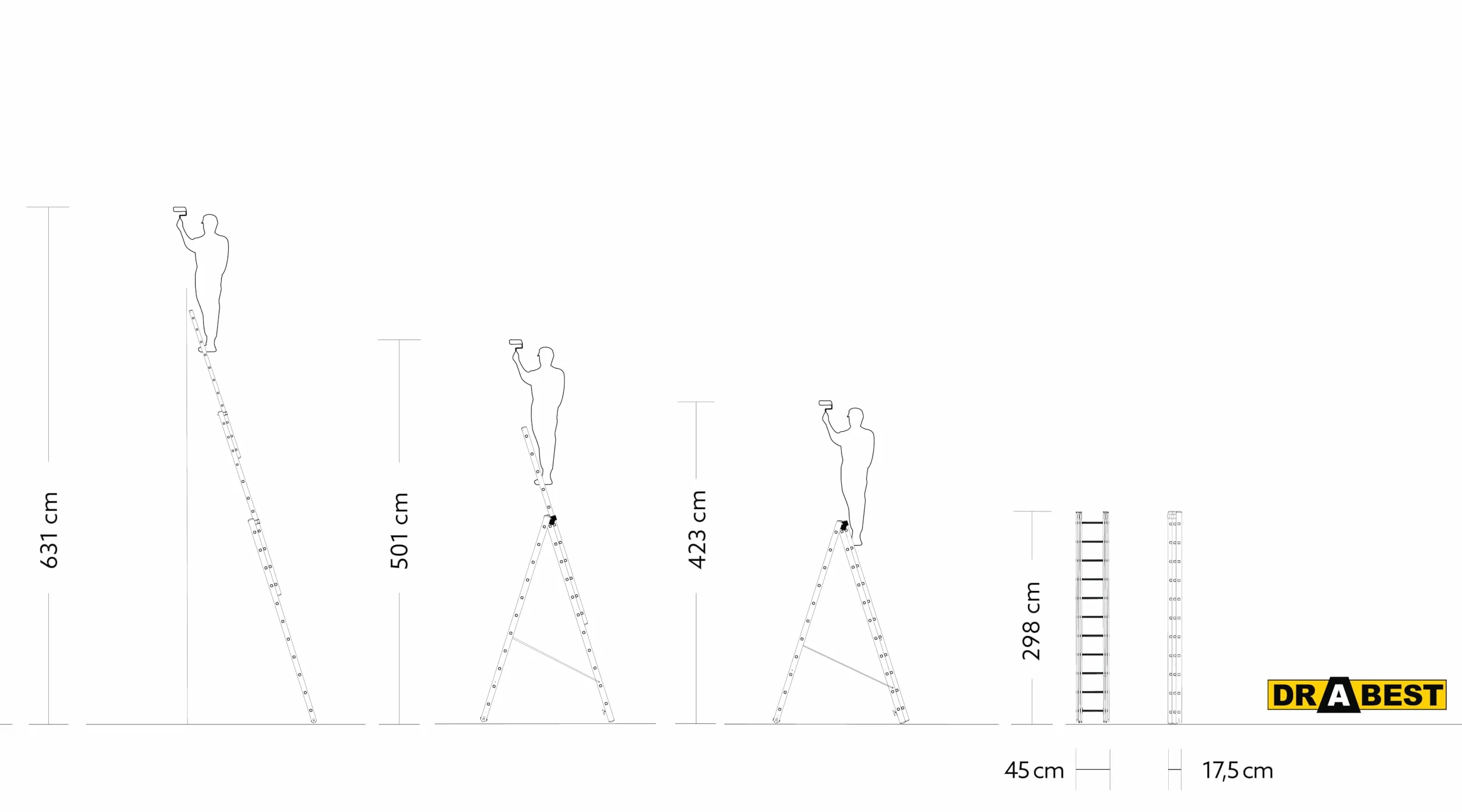 Drabest Scala Allungabile in Alluminio 3x11 Gradini Scala Trasformabile Tripla Multifunzione portata max 150 kg Gancio Gratuito