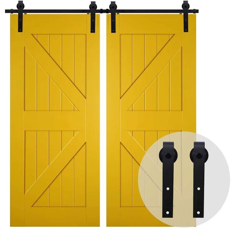 CCJH Binario per Porta Scorrevole Kit Doppia Anta Esterno Muro 6.6FT-203cm in Stile Rustico Classico Rulli Forma Hardware in Acciaio al Carbonio Nero