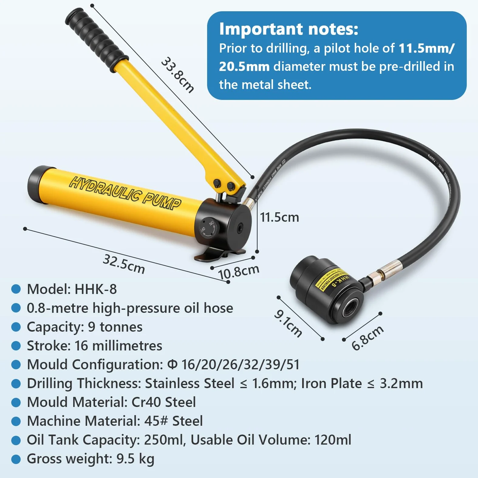 MXBAOHENG 16-51 MM Perforatori Idraulici 9 toni, Idraulica in lamiera Perforatrice Cilindrica con 6 fustelle da 16/20/26/32/39/51 mm, Punzonatura per acciaio inox ≤ 1,6 mm; lamiera di ferro ≤ 3,2 mm