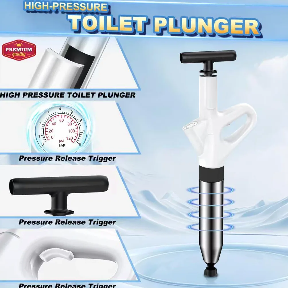 Stura WC ad alta pressione, Pompa stura scarichi con manometro visibile, Sturalavandini a pressione con sonda in tempo reale, Stantuffo robusto per intasamenti di WC, lavandini e tubature(Bianco)