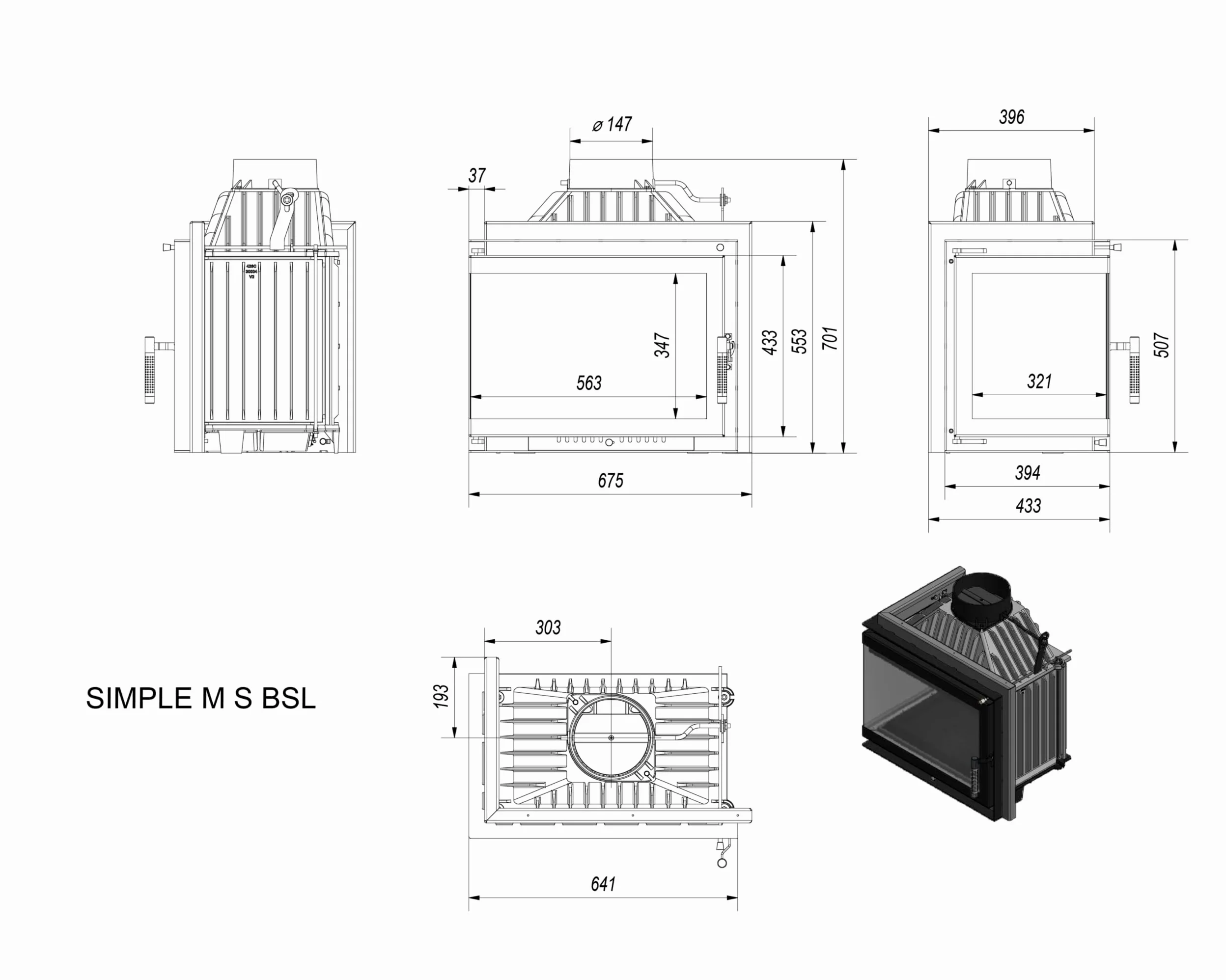 KRATKI SIMPLE Camino a legna 8 kW Ø 150 in ghisa con inserto per presa d'aria - stufa a legna Conforme BImSchV 2, Efficienza termica 80% - Inserto per camino riscalda a 100 m², apertura a sinistra