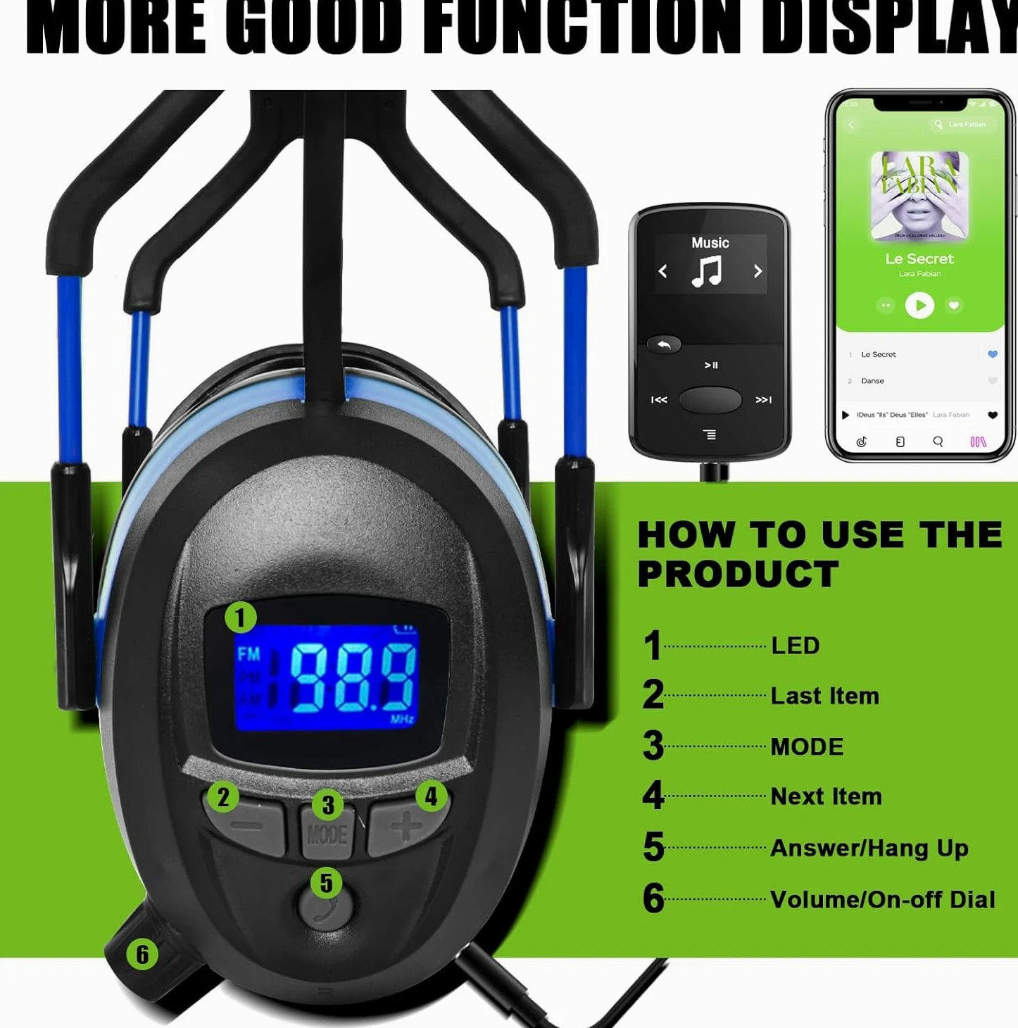GARDTECH Cuffie antirumore Bluetooth antirumore con radio wireless MP3 FM paraorecchie di sicurezza con display LCD 4 GB SD Card per adulti per giardino lavorazione del legno nero e blu