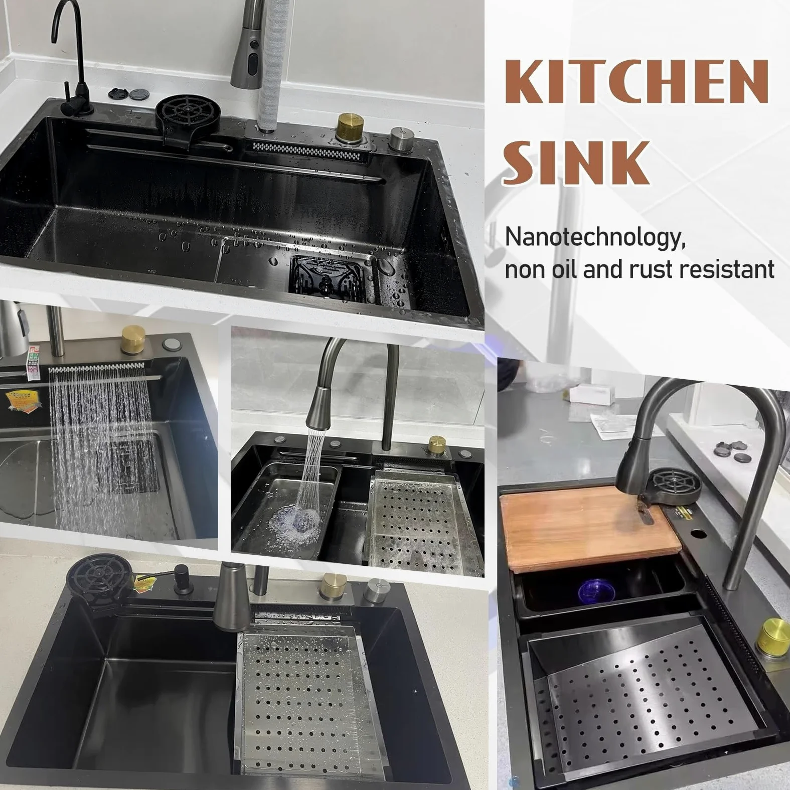 Lavello Da Cucina Multifunzionale In Acciaio Inox A Cascata, Lavello Da Postazione Di Lavoro Di Grande Capacità, Lavello A Vasca Singola Da Montare In Alto, Con Pomello Di Scarico E Accessori Completi