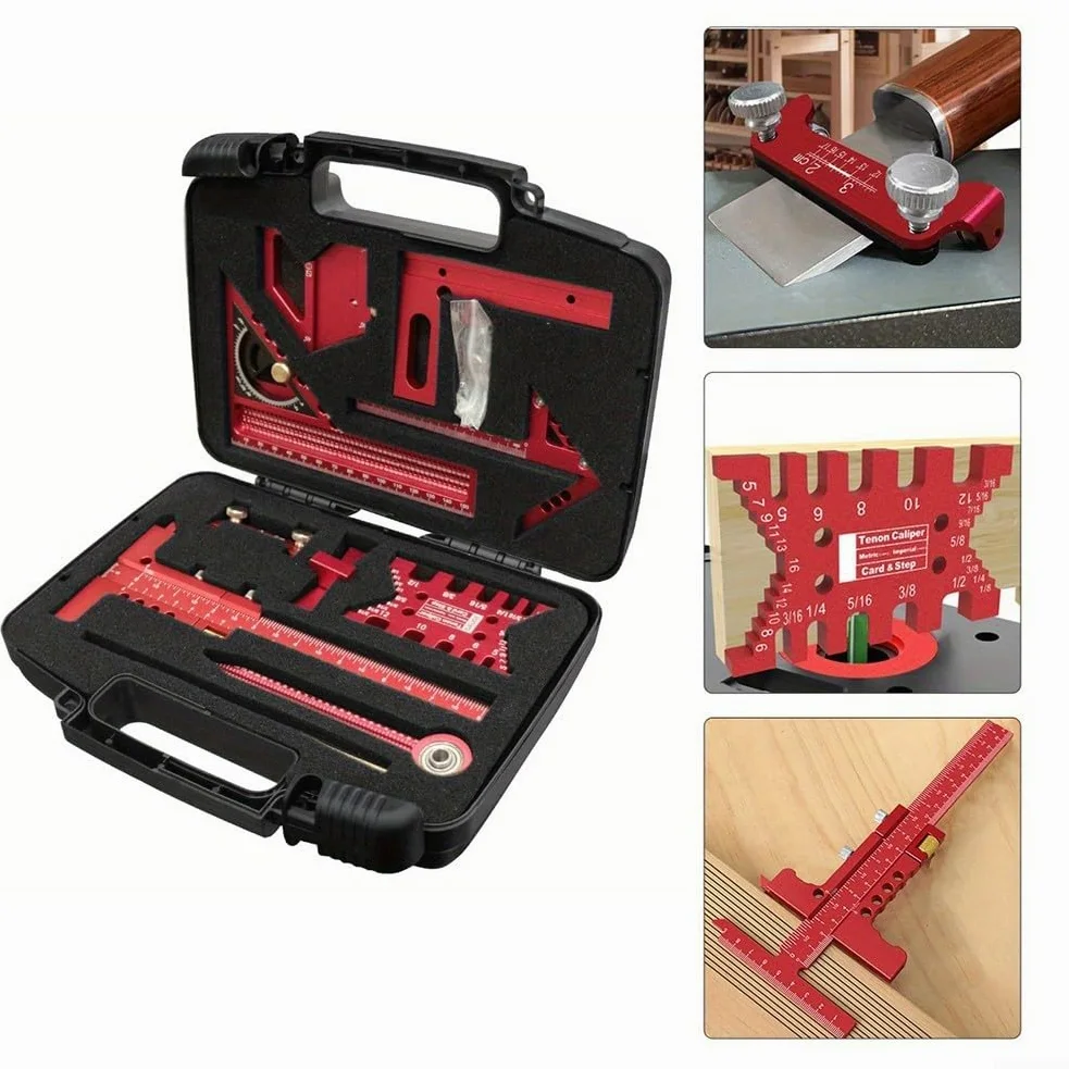 Kit di strumenti di misurazione, set di strumenti di misurazione per la lavorazione del legno con scatola di stoccaggio, righello per carpentiere, calibro per officina fai-da-te professionale (9 pezzi