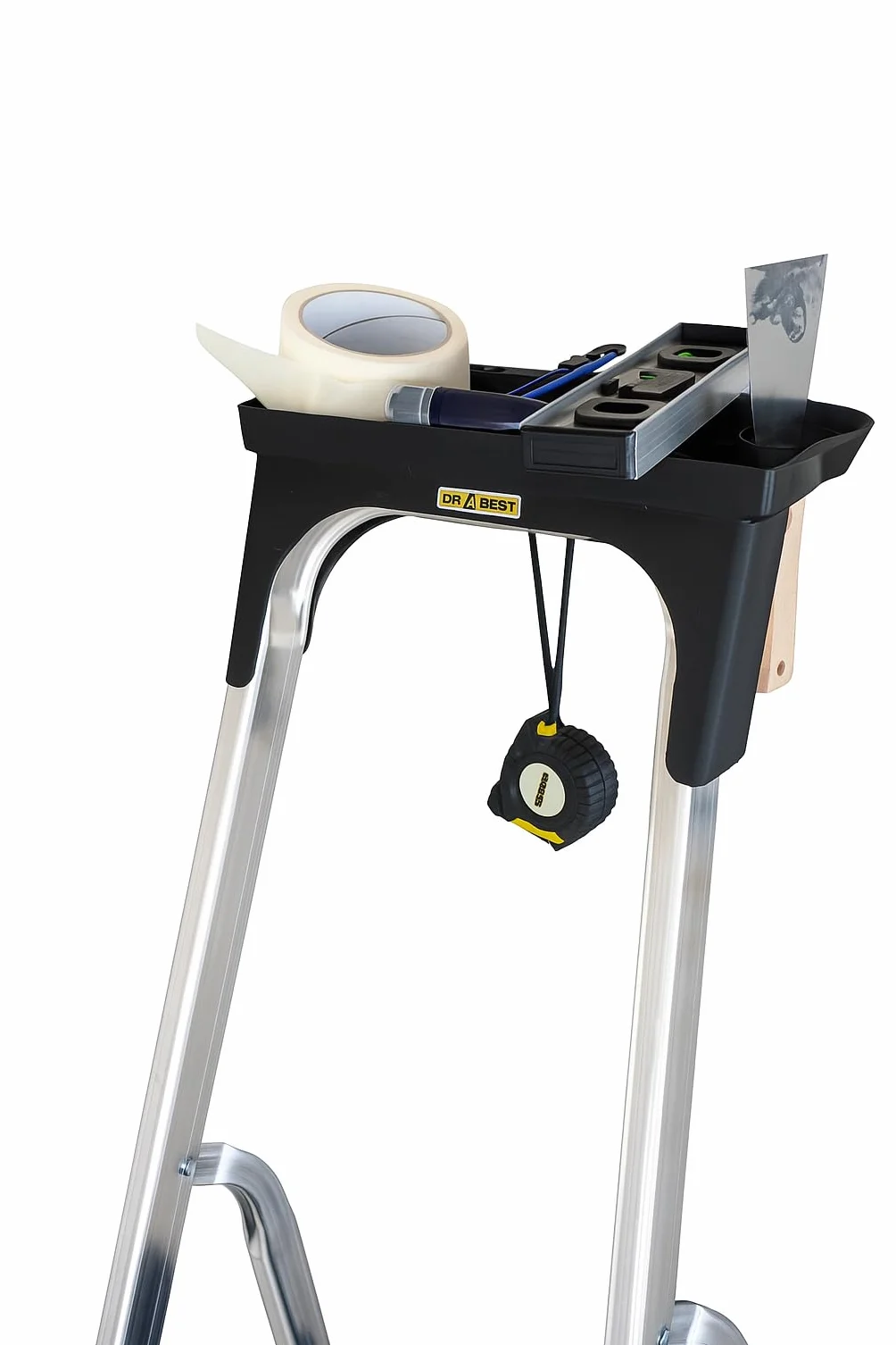 DRABEST Scaletta Domestica a 6 Gradini 150kg - Scaletta in Alluminio con Piedini Antiscivolo e Piattaforma per Scale da Lavoro - Fornita con Ripiano per Attrezzi - 48x191x12cm