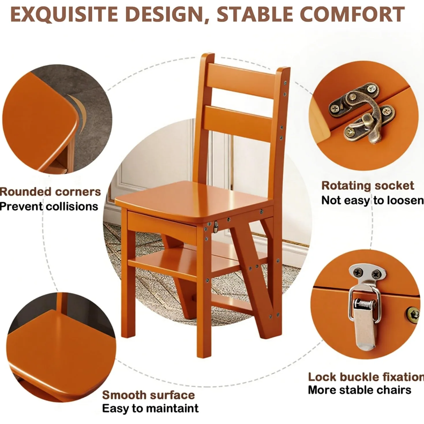Sgabello a Scala Pieghevole 3-in-1 in Legno Massello, Sgabello Convertibile e Supporto Espositivo, Scala Multi-funzionale a 4 Ripiani, per Casa, Cucina, Biblioteca, Capacità 150kg (Marrone)