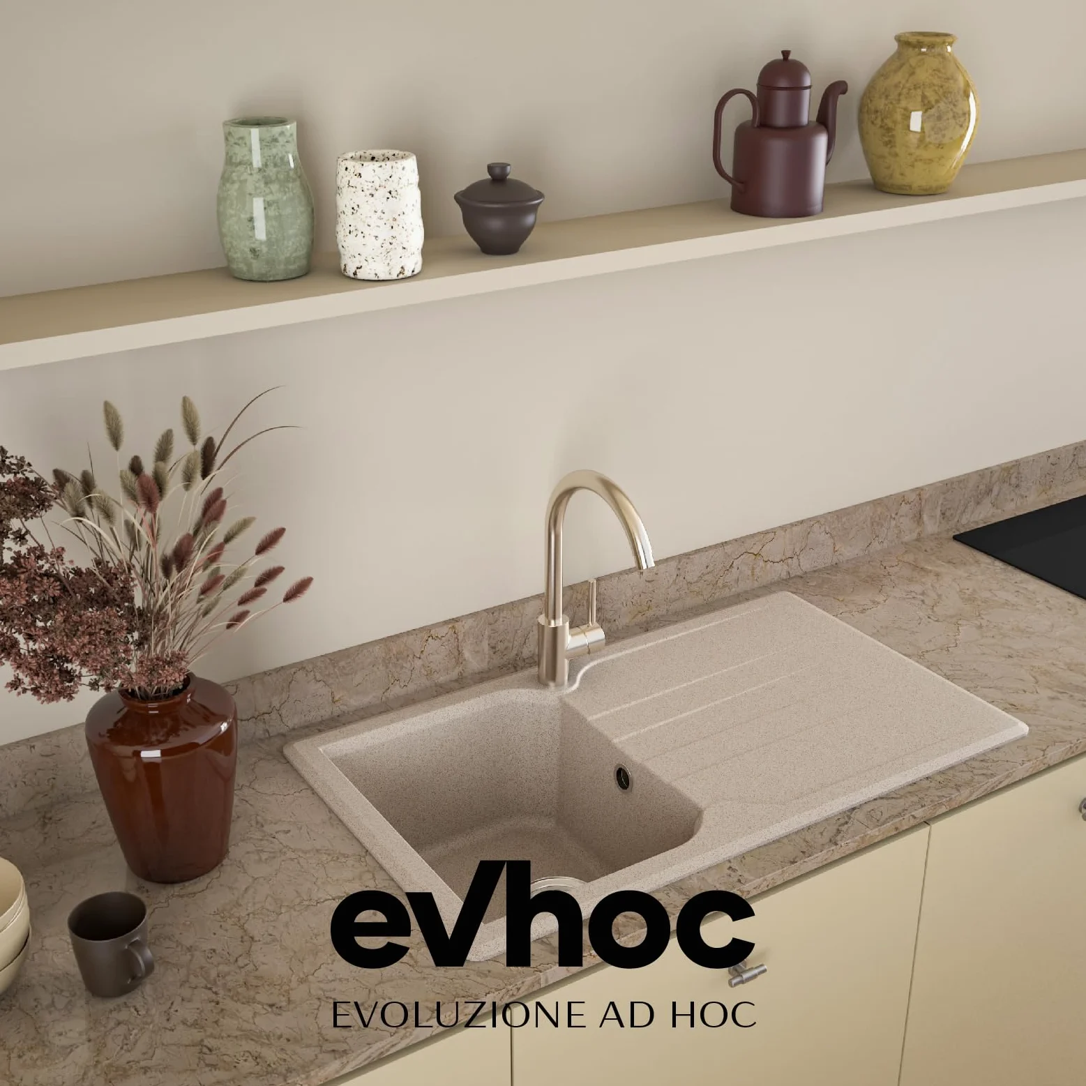 Evhoc Lavello Cucina Sopratop 86x51 cm, 2 Vasche, Lavandino Doppia Vasca in Kuarzite, Piletta Inclusa, Made in Italy, Nero, ADHOC M