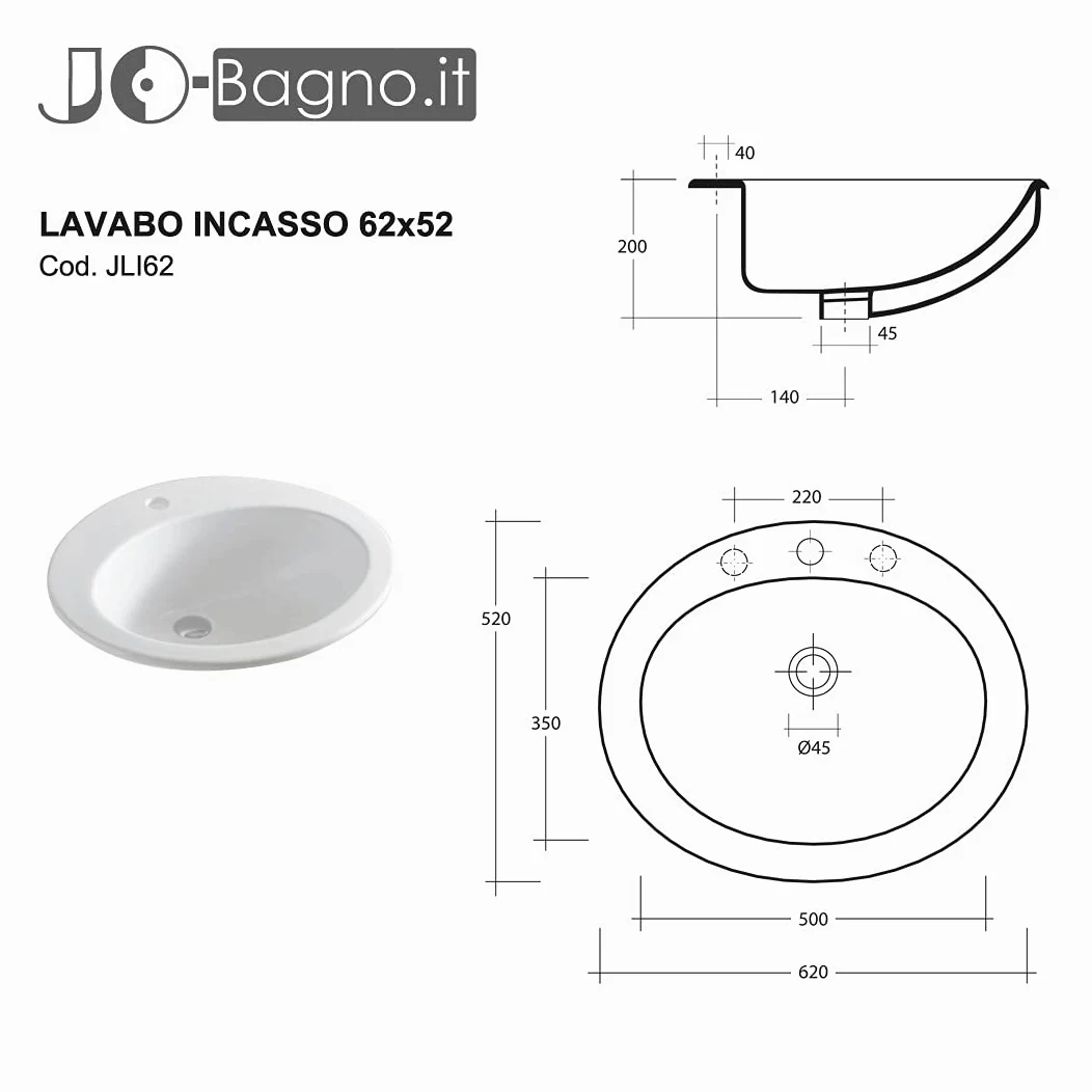 LAVABO Incasso TONDO Ceramica - Lavandino Soprapiano OVAL L. 62 x 52 cm Monoforo Pred. a 3 Fori