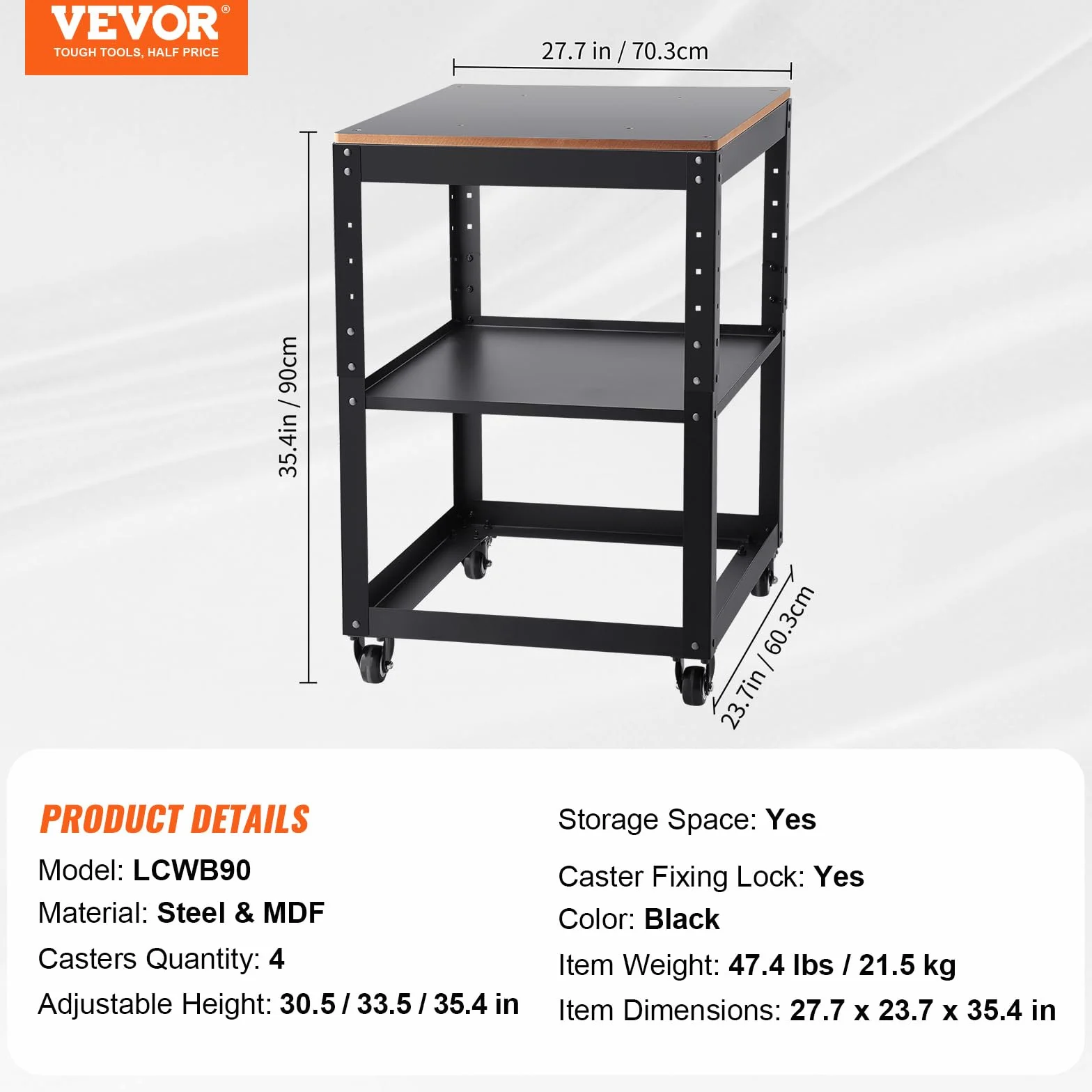 VEVOR Supporto per Pialla a Filo Spessore di Legno Capacità Carico Max. 45kg 4 Ruote, Supporto con Ripiano di Lavoro 3 Livelli 4 Rotelle per Pialla a Spessore Utensili di Falegname da Garage Officina