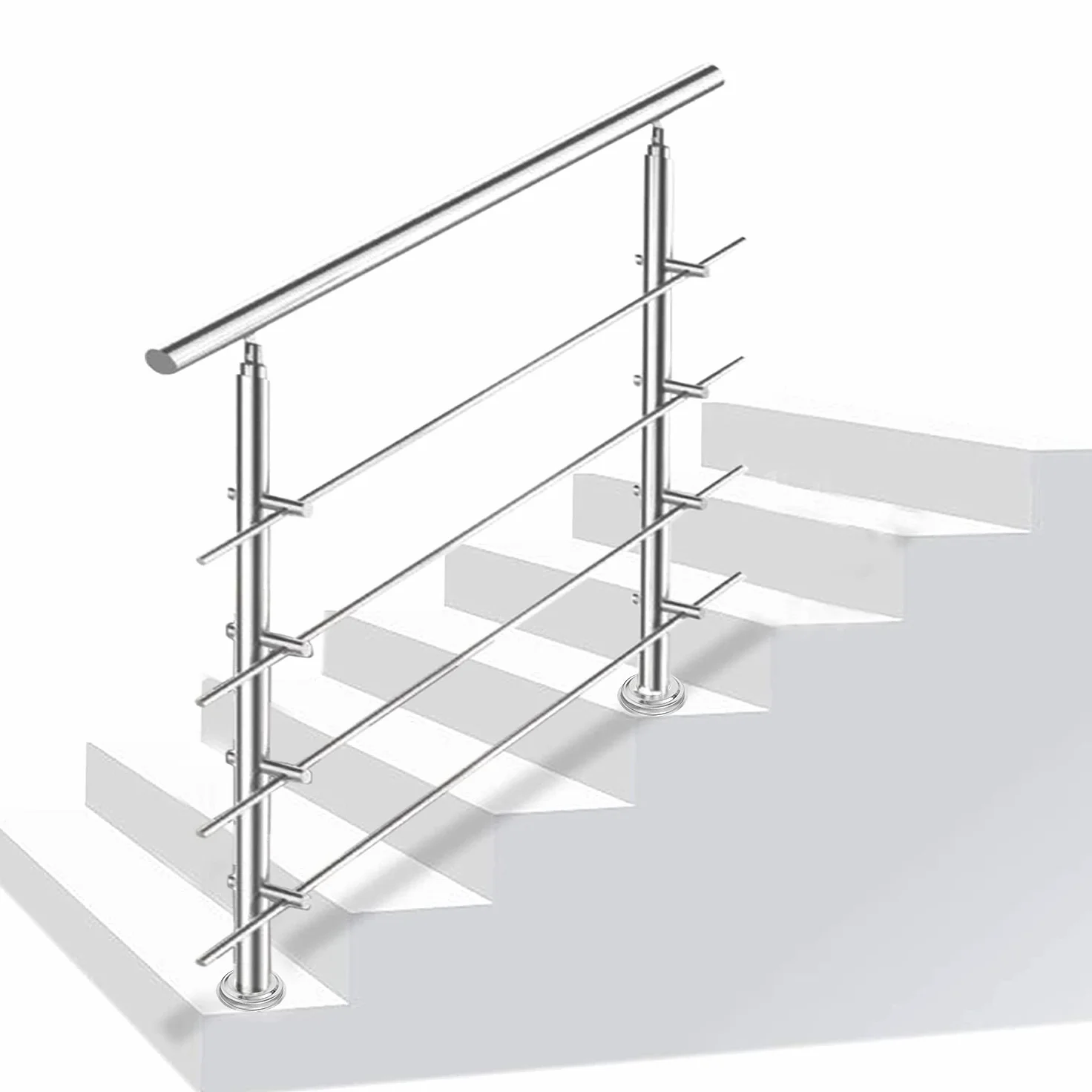Corrimano in acciaio inox, ringhiera per scale, parapetto, balcone, 180 cm, con 4 barre trasversali Ø 42 mm, per interni ed esterni