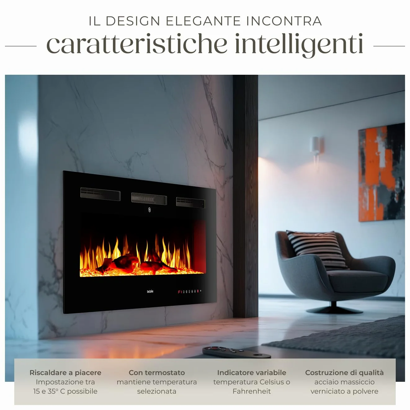 tectake® Caminetto elettrico da parete, Camino Elettrico 106,5x43x12 cm, 2 livelli di riscaldamento 900 W e 1800 W, 6 colori per effetto fuoco finto LED 3D, controllo app e WiFi e telecomando, Stufa
