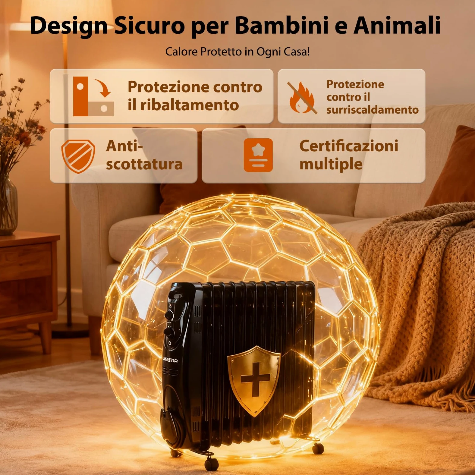 Aigostar Black Forest - Radiatore ad Olio 2500W, 13 Elementi Riscaldatore Elettrico Portatile, 3 Livelli di Calore, Termostato e Spegnimento Automatico di Sicurezza, Silenzioso, 55mq