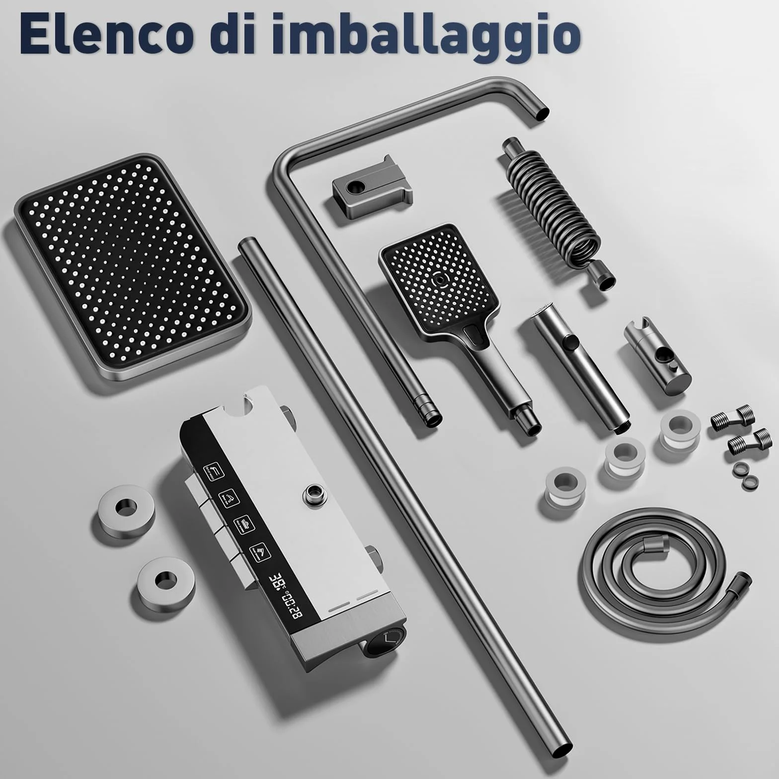 Sistema Doccia con Termostat con display digitale a LED, soffione doccia XL a pioggia, doccetta, getto ausiliario e rubinetto a cascata – Acciaio inossidabile – Colonna Doccia Regolabile