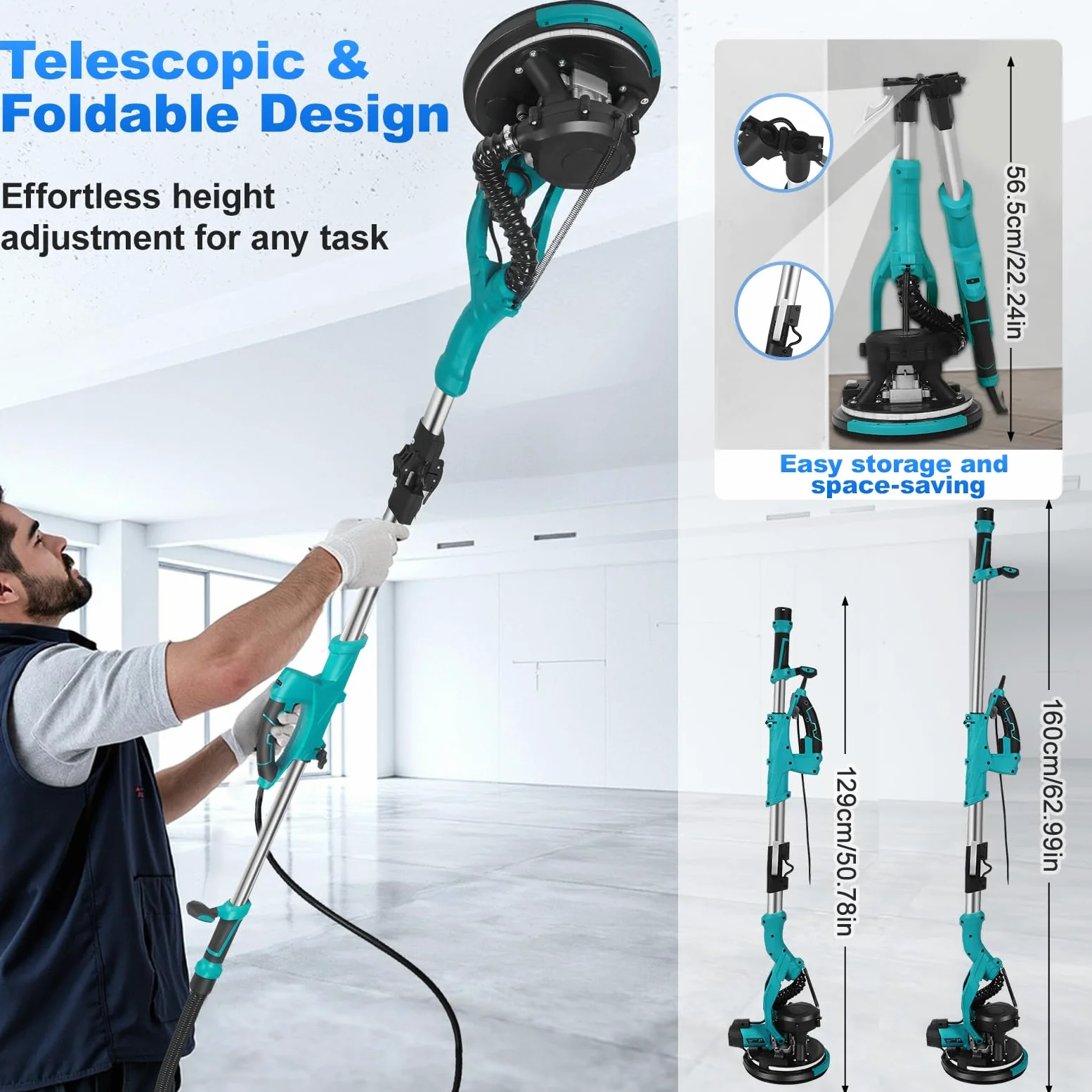 levigatrice per muro 850W telescopic giraffa levigatrice 800–2100 giri/min 5 velocità regolabili Testa di rettifica Ø 215mm e inclinabile di 90° levigatrices muro con luce LED