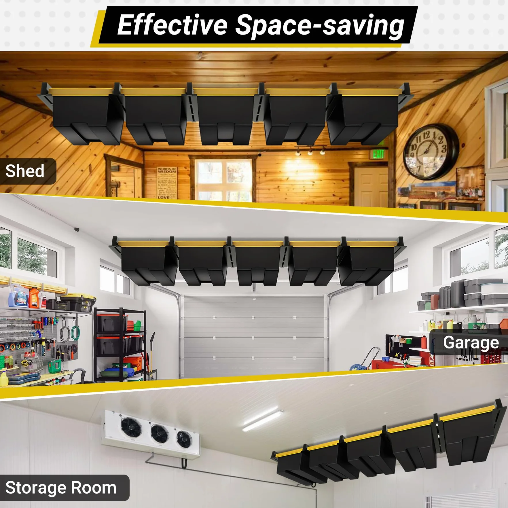 Rack portaoggetti da soffitto per garage a 5 contenitori, resistente, verniciato a polvere, per garage, capannoni, magazzini (6 pezzi, per 5 bidoni)