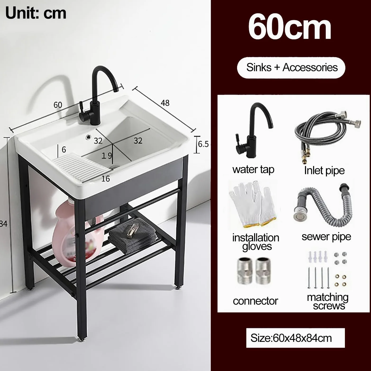 Lavandino In Ceramica Bianco, Lavabo Autoportante Con Rubinetto, Lavatoio Con Piedistallo Supporto In Acciaio Inossidabile, Lavello Per Lavanderia, Per Lavanderia, Ripostiglio, Garage, Cantina (Size