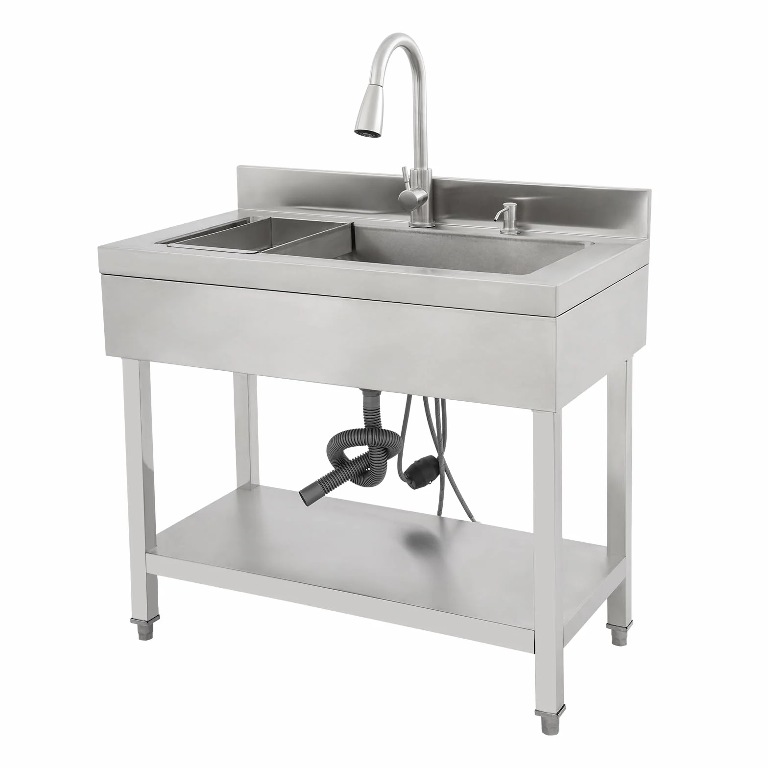 Lavando in acciaio inossidabile a libera installazione, lavello singolo lavello da cucina rettangolare con piedistallo, lavello mobile per cucina, garage, esterno (90x50x80 cm)