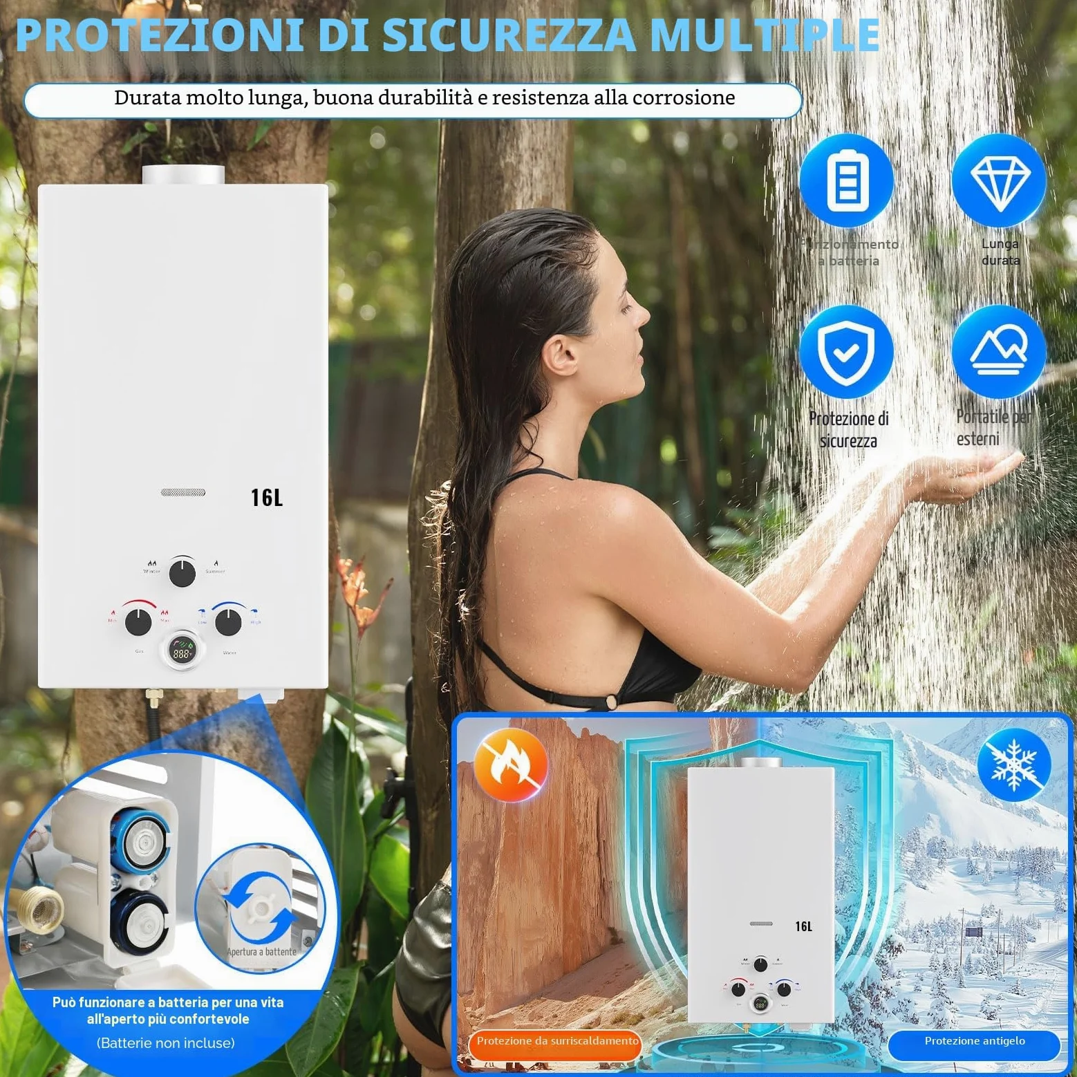 Scaldabagno a Gas 16L, All'aperto Portatile Scaldabagno Istantaneo a Propano con Display Digitale Multi-Protezione, Parete senza Serbatoio Scaldacqua Istantaneo Automatico, bianco