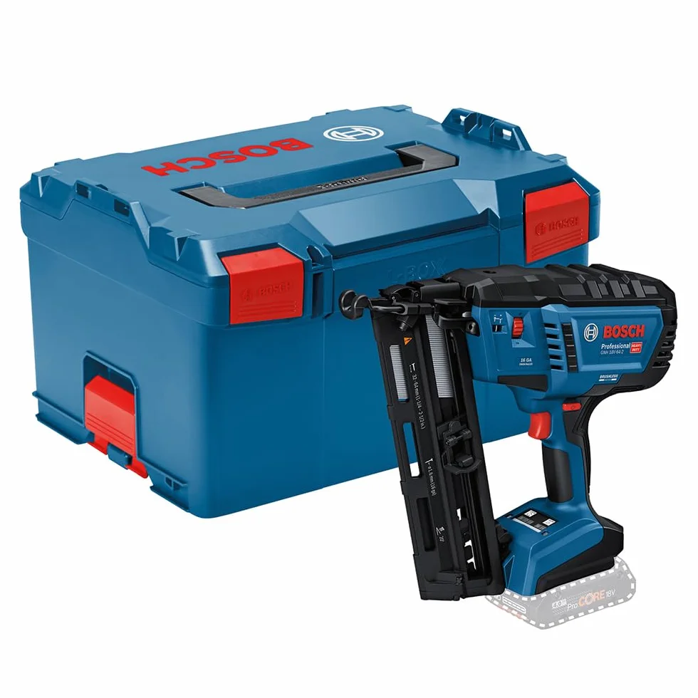 Bosch Professional 18V System Chiod. legno a batteria GNH 18V-64-2 (mod. azion. singola, idonea per chiodi: 32–64 mm,16 GA (1,6mm) e ang. caricatore da 20°, L-BOXX, senza batt./caricabatt.)