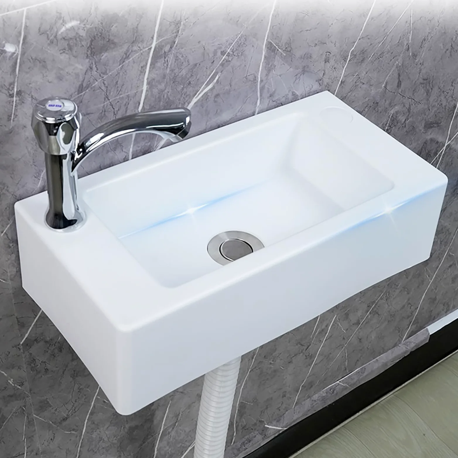Piccolo lavabo in plastica per montaggio a parete per roulotte, camper, WC ospiti, bagno, 40 x 20 x 11 cm, bianco, ideale per campeggio, giardino, cantieri, con scarichi da 75 cm