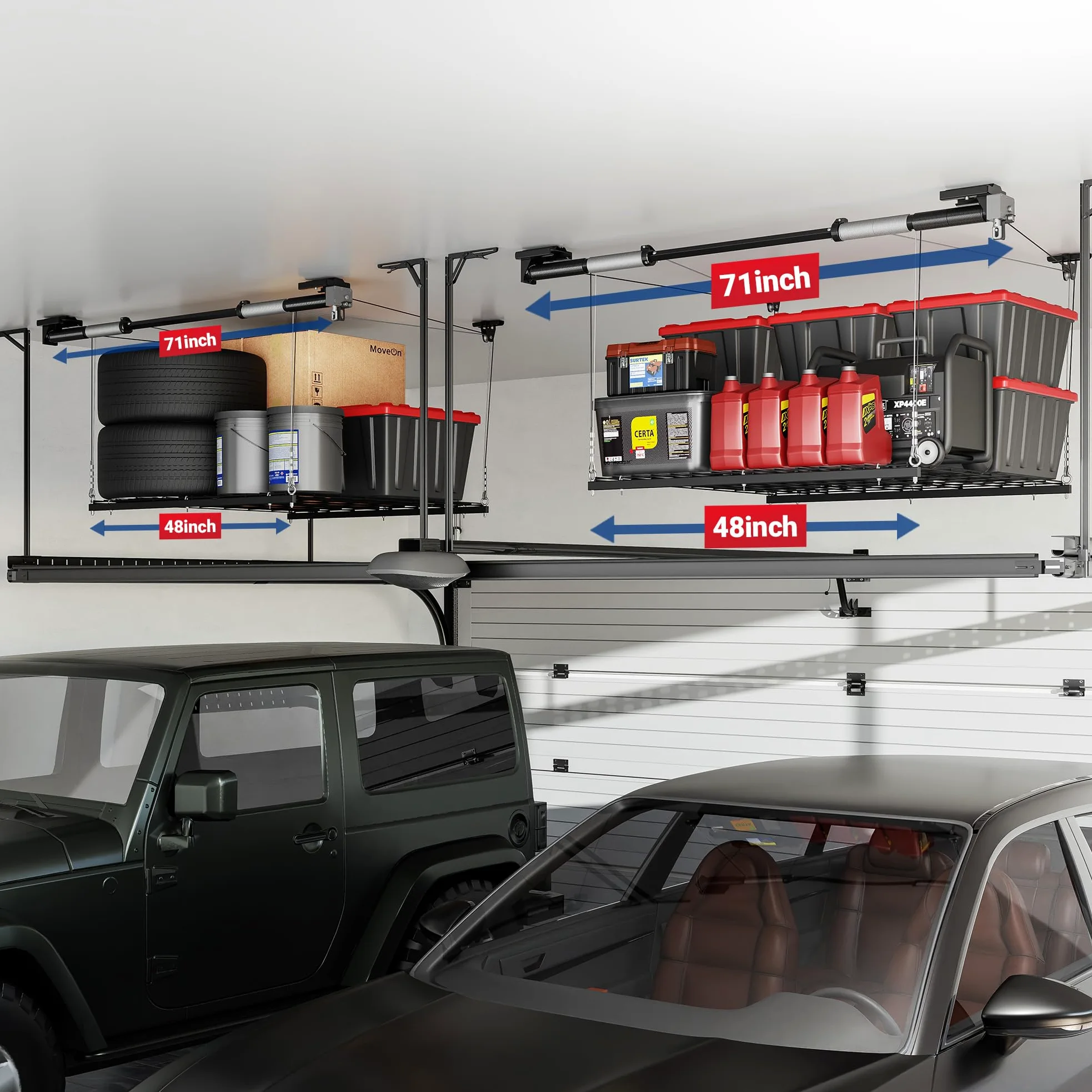 FLEXIMOUNTS GL1 - Scaffale di sollevamento per garage, 1,2 x 1,2 m, in metallo resistente, sistema di organizzazione regolabile con asse da 180 cm, peso 136 kg, nero