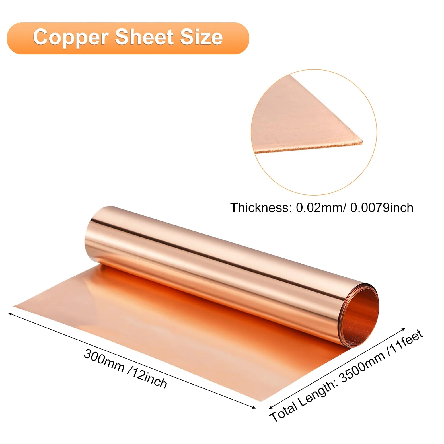 QUARKZMAN Rame Foglio Rotolo 3500mm x 300mm x 0,2mm 99,9% Puro Rame Striscia Rame Scossalina Metallo Lamina Piastra per Elettricità Progetti Fai-Da-Te (Dimensioni Multiple)