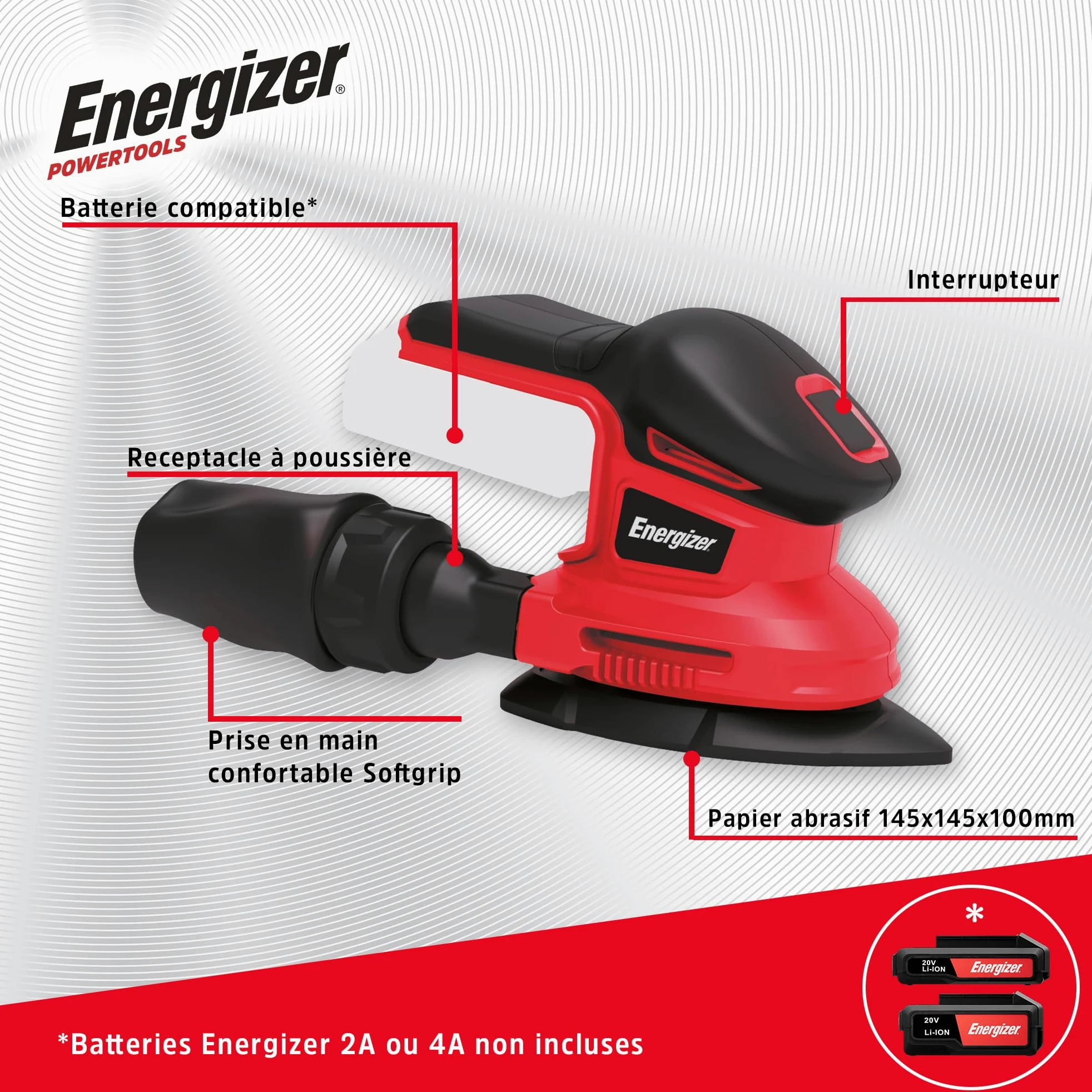 Energizer - Levigatrice Orbitale Multifunzione Triangolare Senza Fili 20V con Batterie Incluse – 10000 OPM, Sacchetto Aspirapolvere, 10 Fogli Abrasivi Inclusi (P60/80/120), Ideale per Finiture e Fa