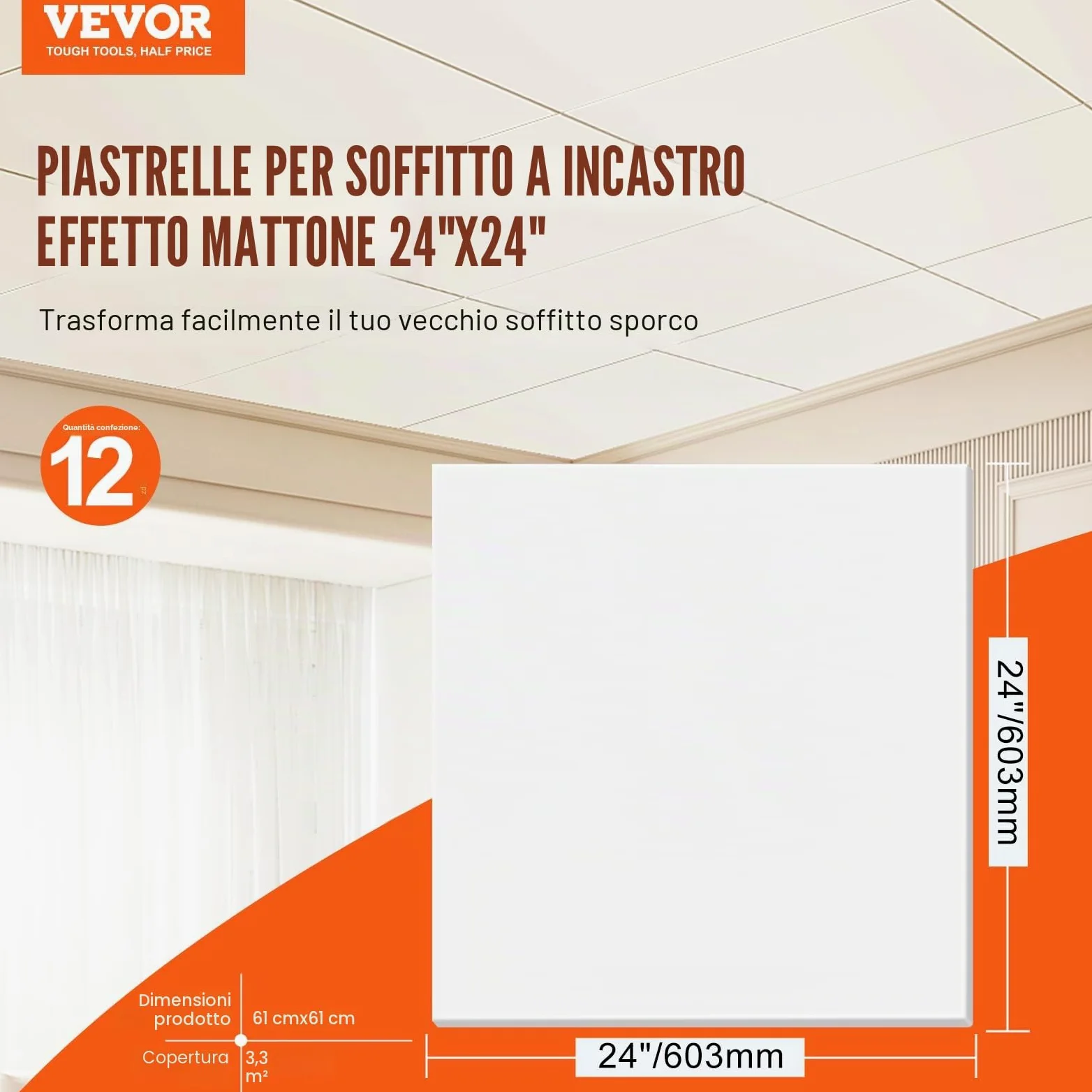 VEVOR Pannelli per Controsoffitto 603 x 603 mm Pannelli per Soffitto Confezione 12, Buona flessibilità, Facile Installazione, Rivestimento per Soffitto per Decorazione di Casa/Ufficio, Bianco Liscio