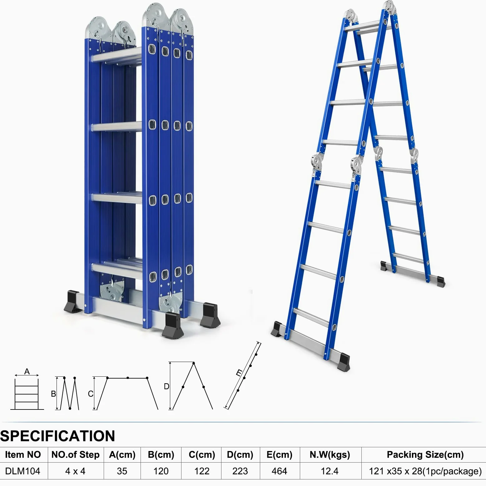 Scala multifunzione in alluminio, 4 x 4 gradini, lunghezza 4,7 m, 4 pezzi, portata massima 150 kg