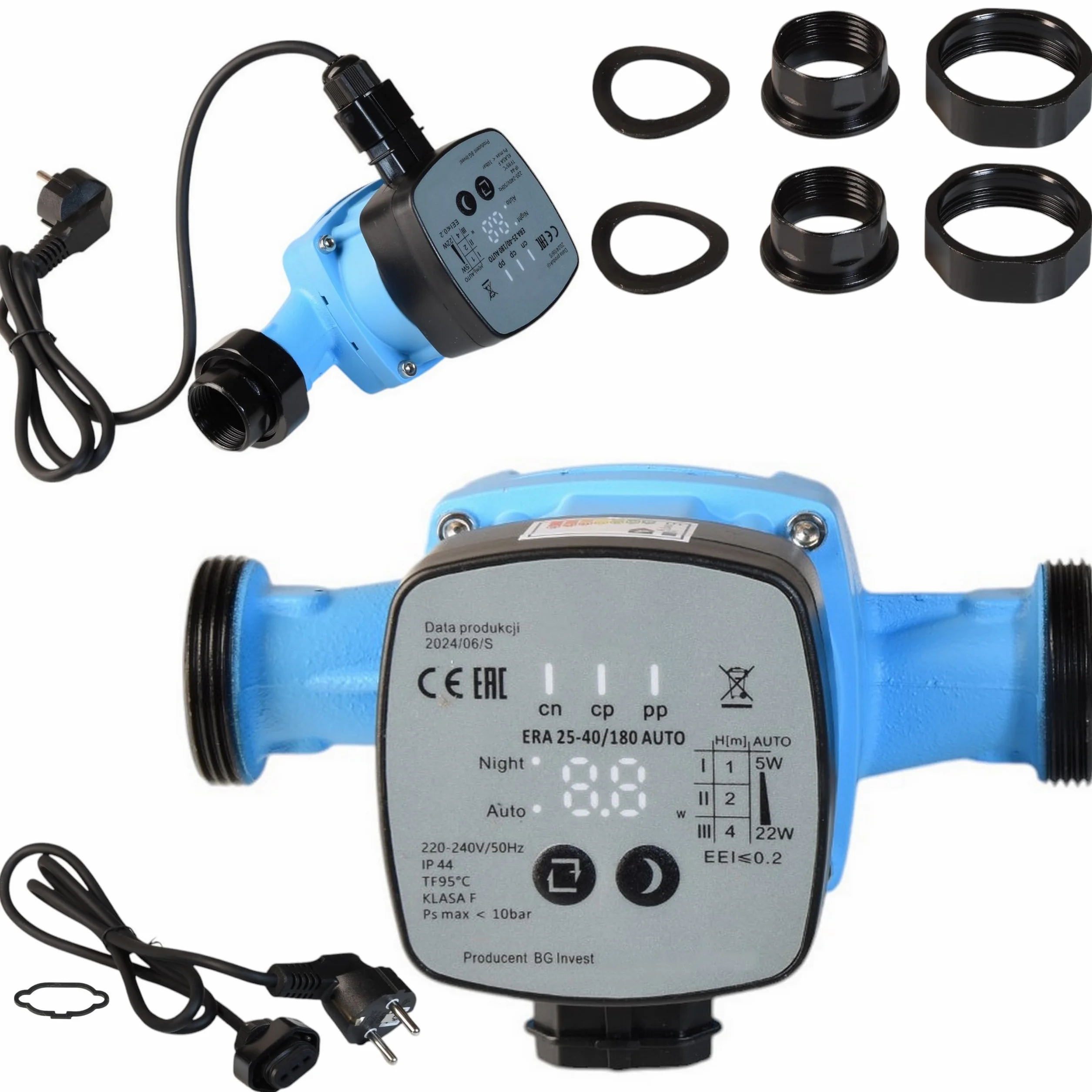 Elettronica Pompa di Circolazione ERA 25-40/180 AUTO (5-22W max. 2700 l/h Prevalenza 4 m) - Pompa per Acqua Calda - Riscaldamento Centrale – 3 Velocità - Modalità NOTTE AUTO - Basso Consumo Energetico
