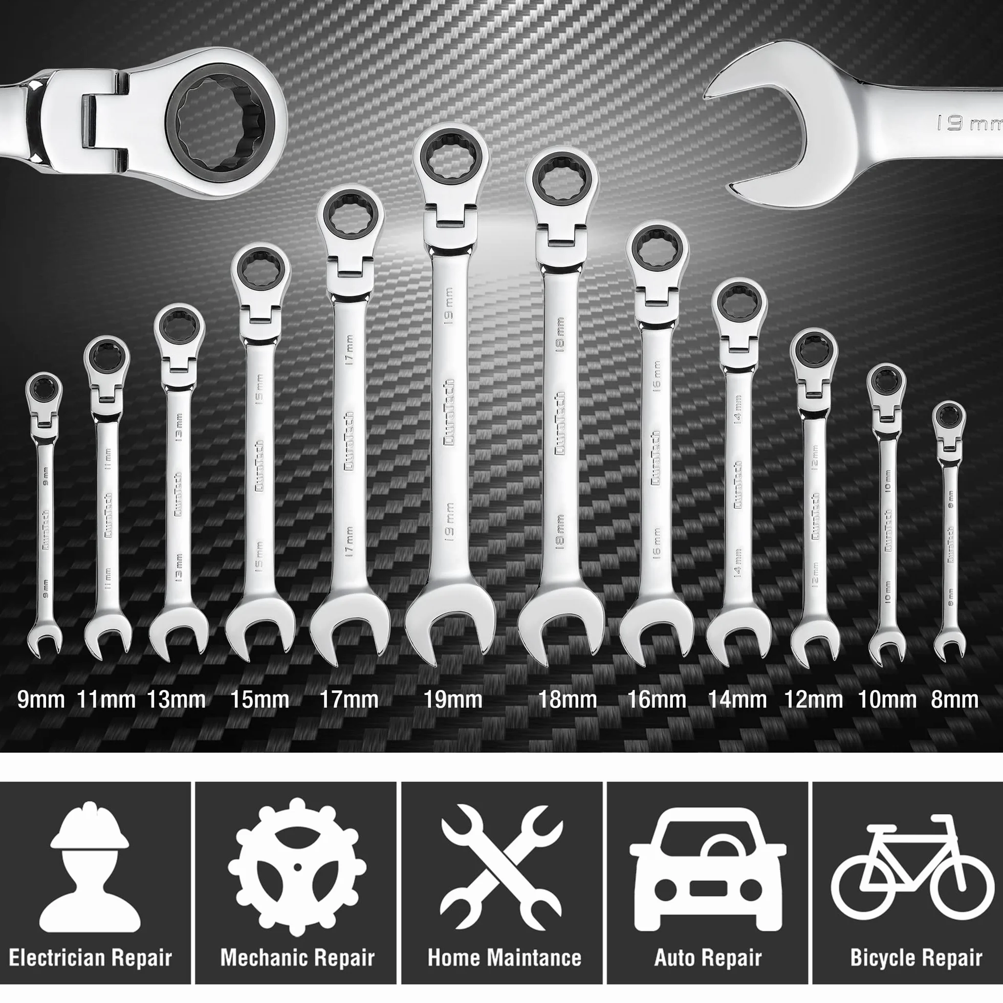 DURATECH Set di chiavi a cricchetto con testa flessibile, 12 pezzi, con cricchetto a 72 denti, acciaio al cromo vanadio, metriche, 8-19 mm
