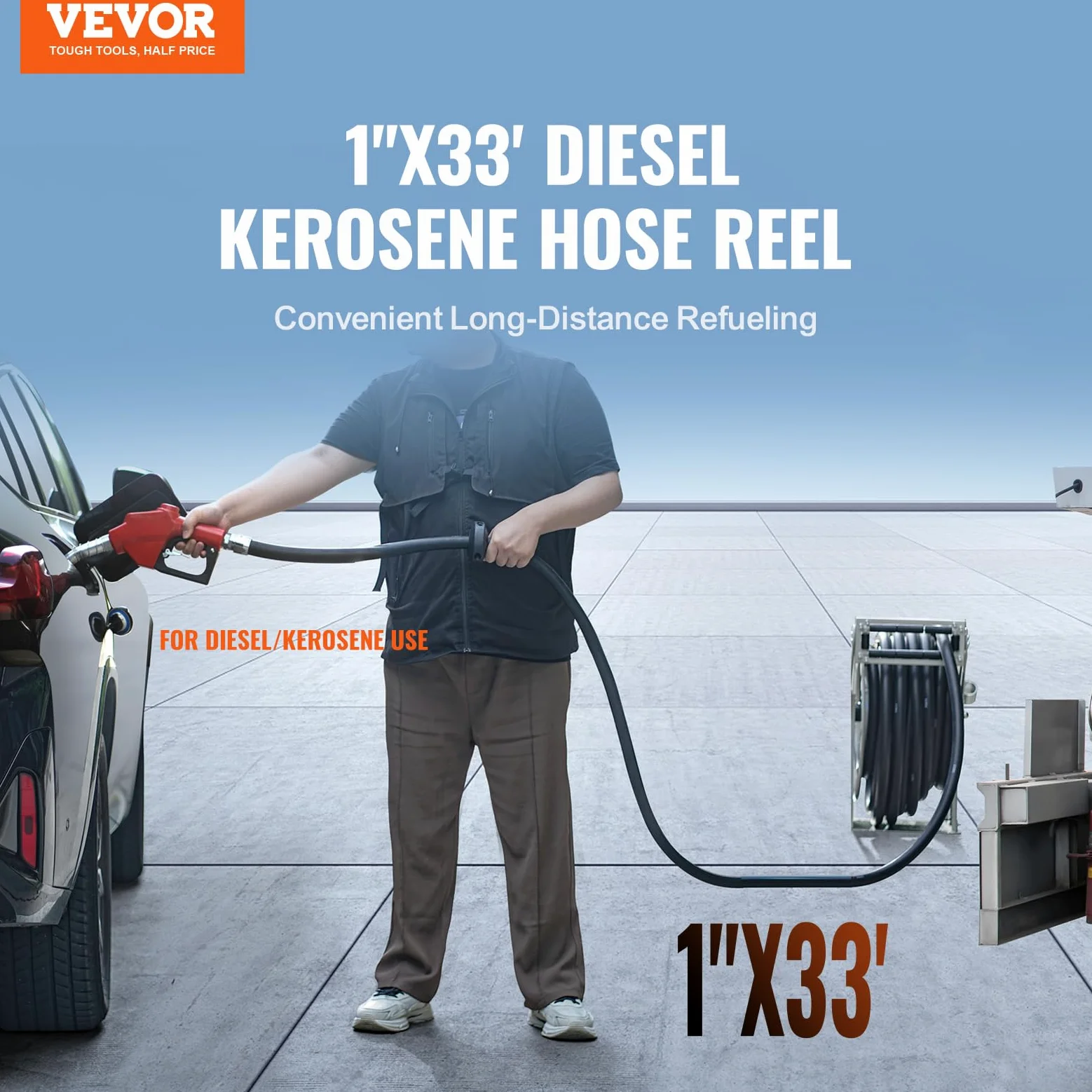 VEVOR Avvolgitubo Carburante, 1" x 33', Avvolgitubo Diesel Retrattile 300 PSI in Acciaio al Carbonio con Ugello Carburante NPT1", Tubo in Gomma NBR per Camion Cisterna di Veicoli 475 x 305 x 529mm