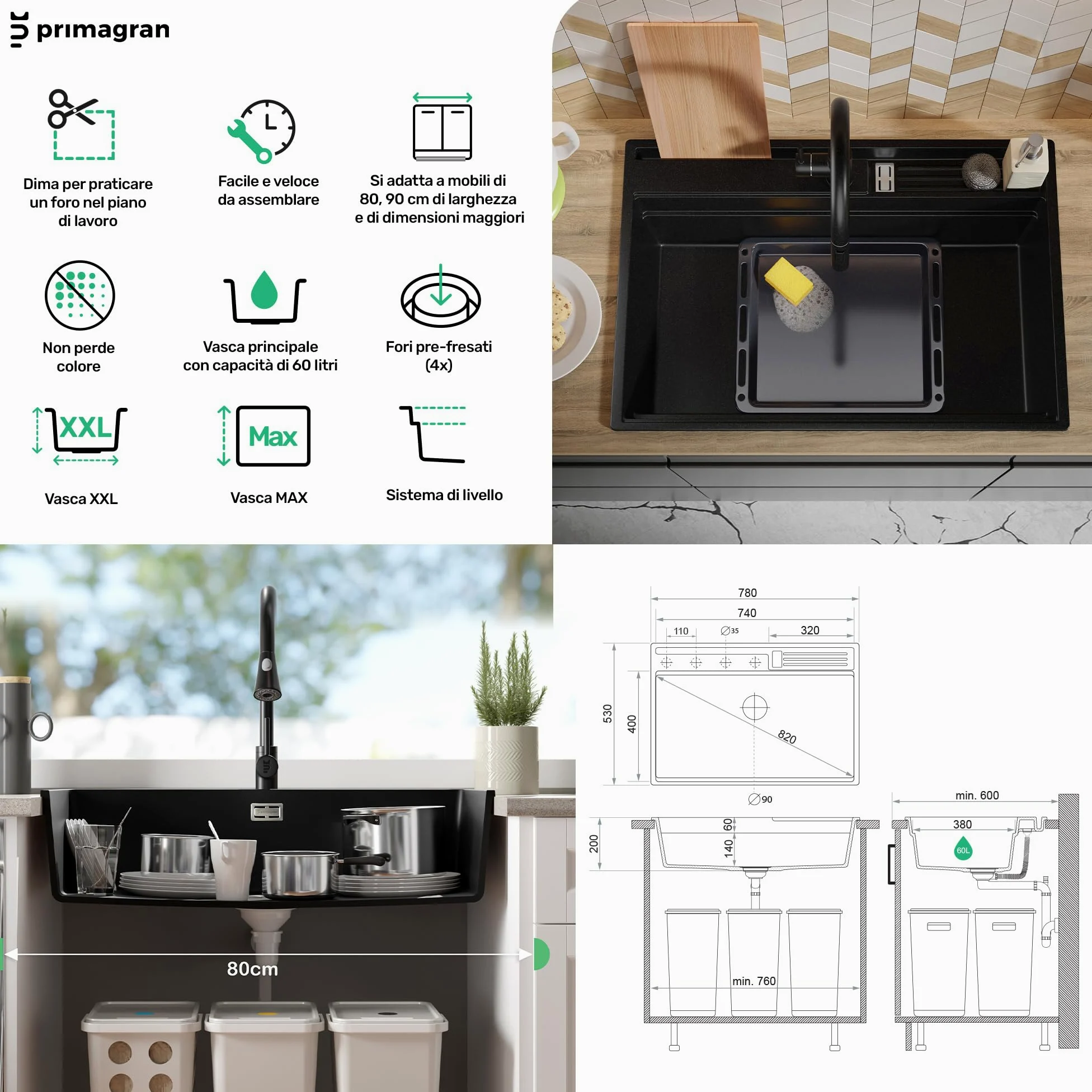 PRIMAGRAN Lavello da Cucina Nero 78x53cm, Lavandino in Granito a 1 vasca + Sifone Classico, Lavabo da Cucina Incasso al Mobile 80cm - Oslo Pocket S335