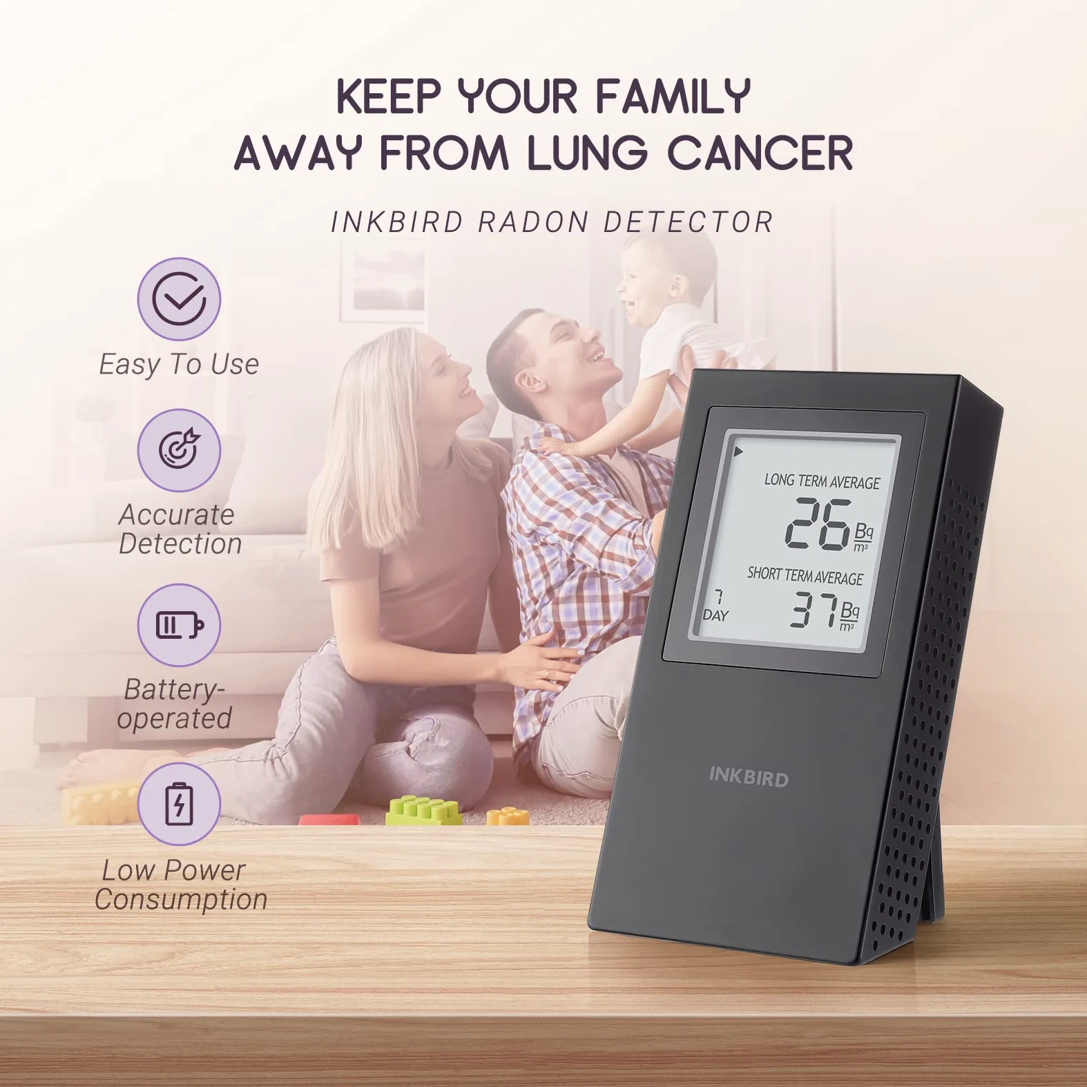 Inkbird Rilevatore di Radon Digitale,Misuratore di Radon Portatile con Monitoraggio Radon a Breve e Lungo Termine,Version EU-Bq/m³,Detector di Randon per Casa, Ufficio, Garage