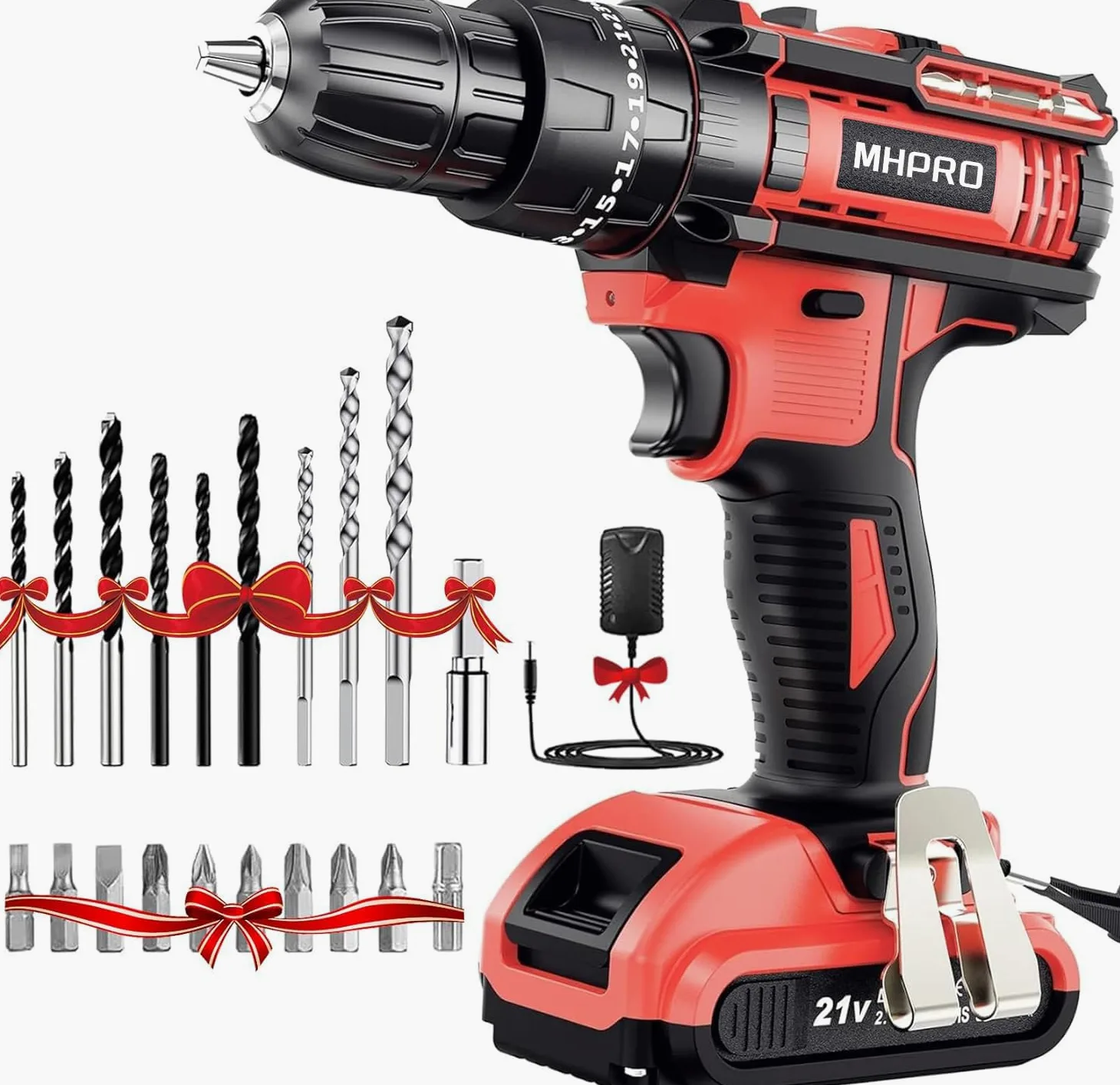 MHPRO Trapano Avvitatore Batteria 21V, Avvitatore a Batteria con Batterie 2.0Ah, 42Nm Avvitatore Elettrico, 25+3 Coppie, 2 Velocità, 23CS Accessori, LED Luce per Casa Progetto