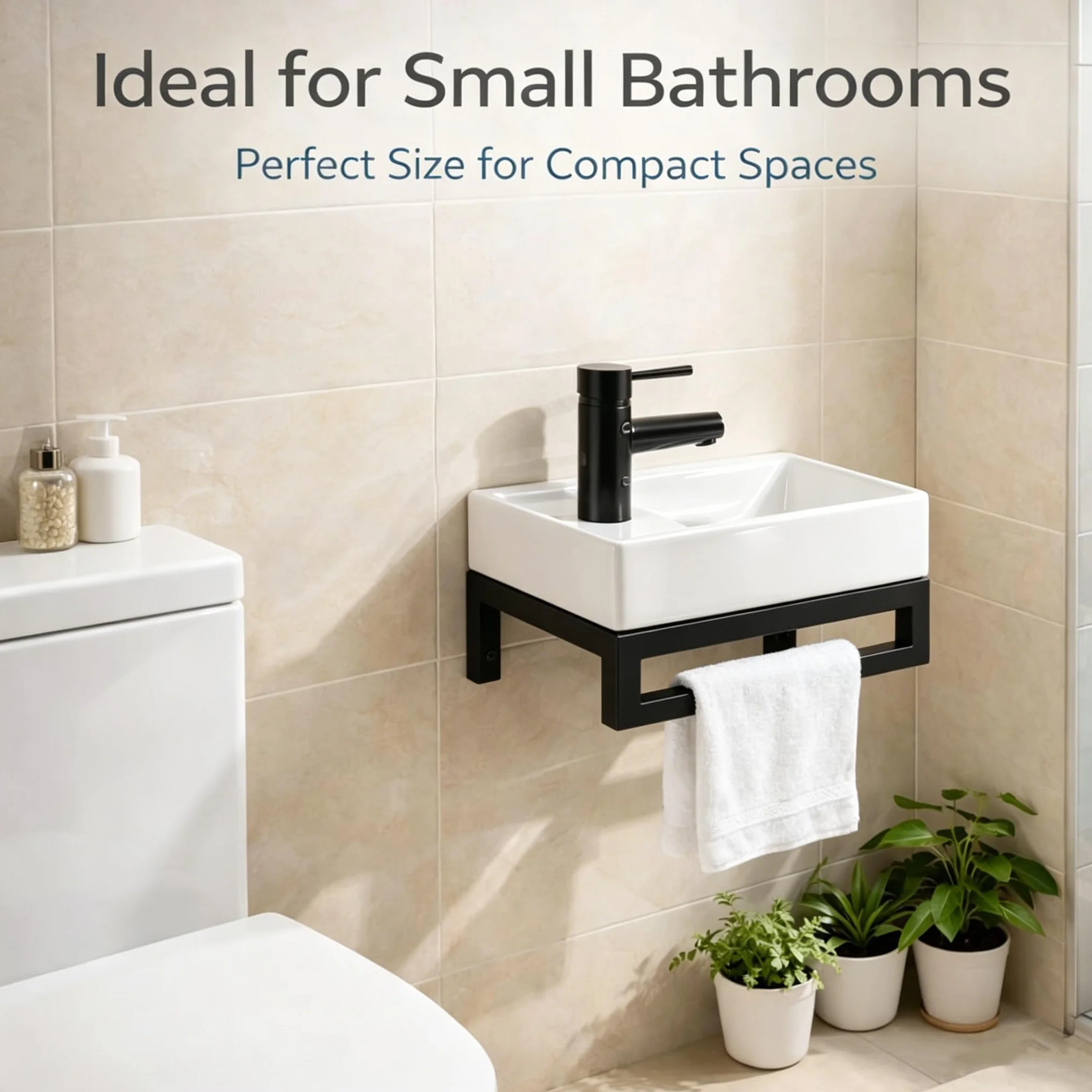 NUESTRA VIDA Lavabo WC Sospeso, 40x22 cm, per Bagno Ospiti e Piccoli Spazi. Struttura in Metallo Nero Opaco con Troppopieno, Design Salvaspazio per Appartamento
