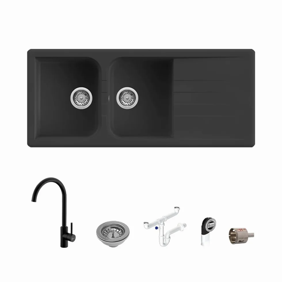 Set Lavello Prime 116 116×50 Nero Granito e Miscelatore First Monocomando Canna Girevole Nero Quareco