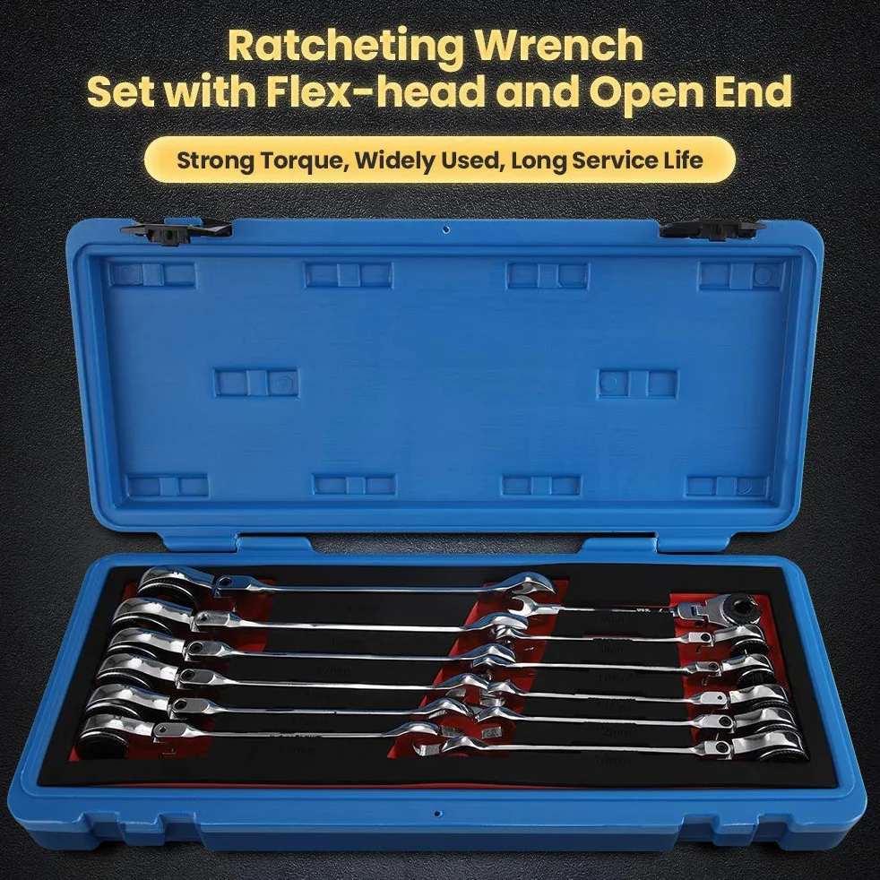 Anbull Chiave a cricchetto con testa flessibile, a doppia estremità aperta Metrico 8mm a 19mm, 72 denti con testa regolabile di 180, Cr-V, Ratcheting Wrench Set, Con custodia per il trasporto