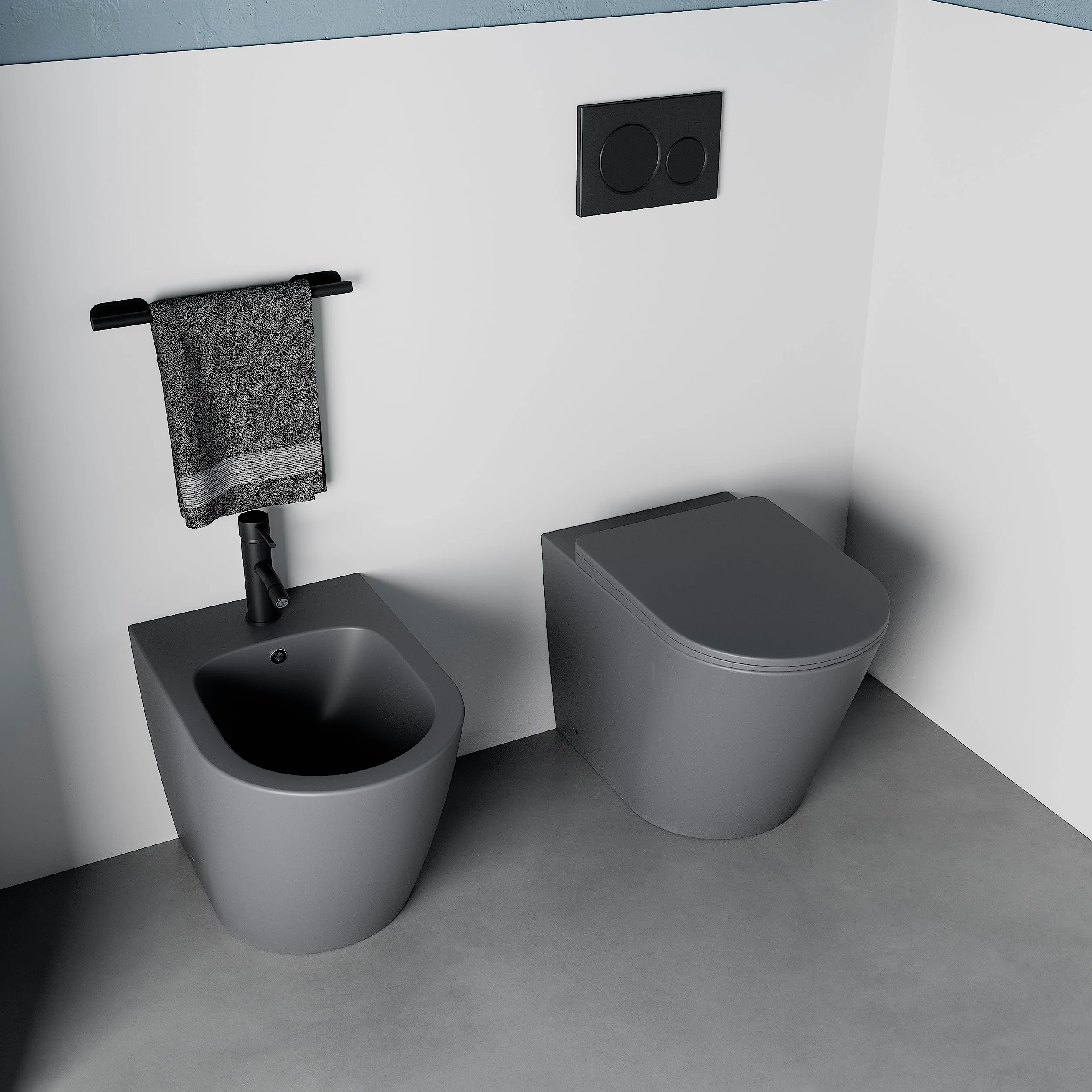 Sanitari in ceramica filomuro grigio opaco vaso rimless bidet sedile soft-close chiusura rallentata mod. Vienna