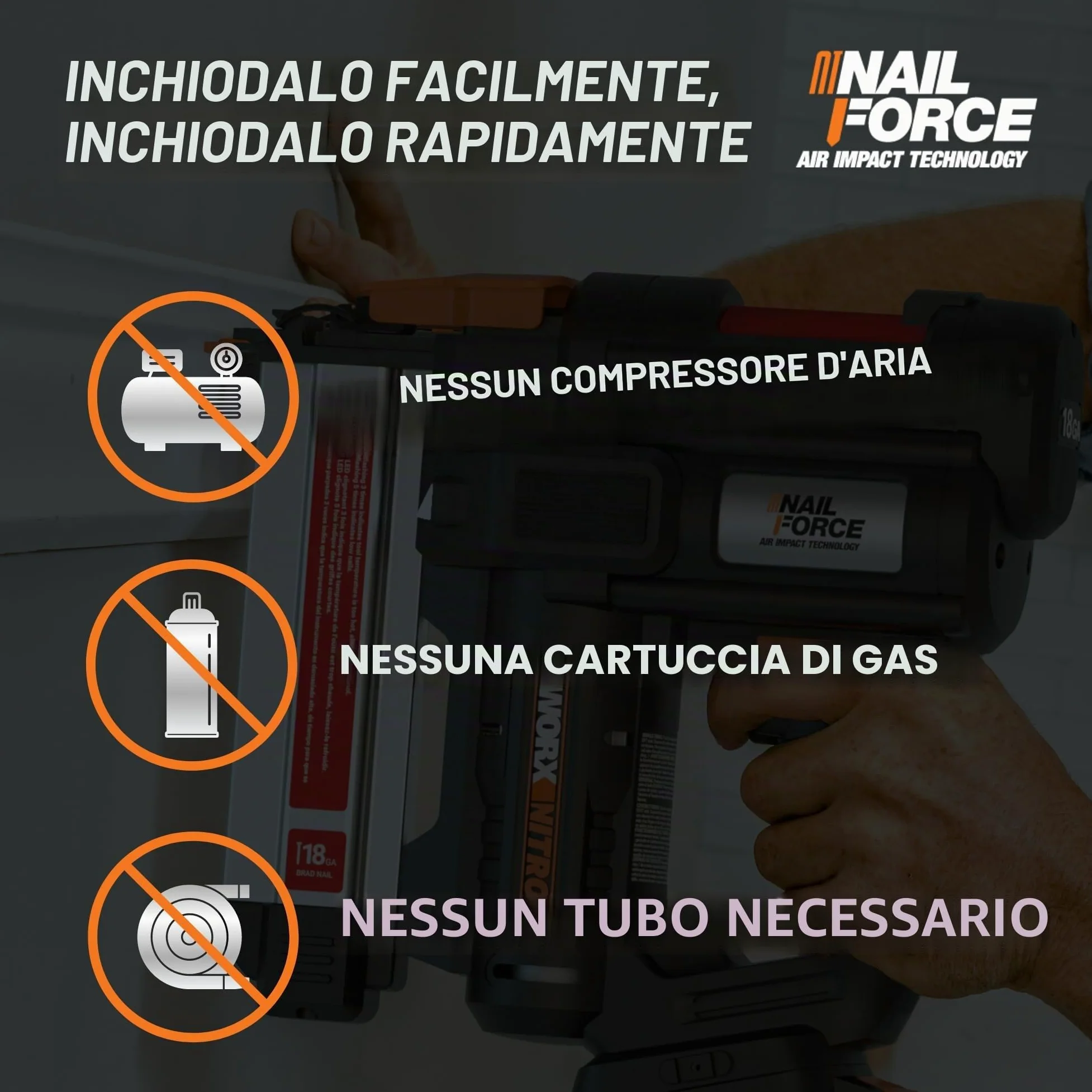 WORX NITRO WX842.9 Chiodatrice a batteria 20 V 18 GA – 80 chiodi/min – per chiodi da 15 – 50 mm – senza fili ad alta efficienza – risoluzione di inceppamento senza attrezzi