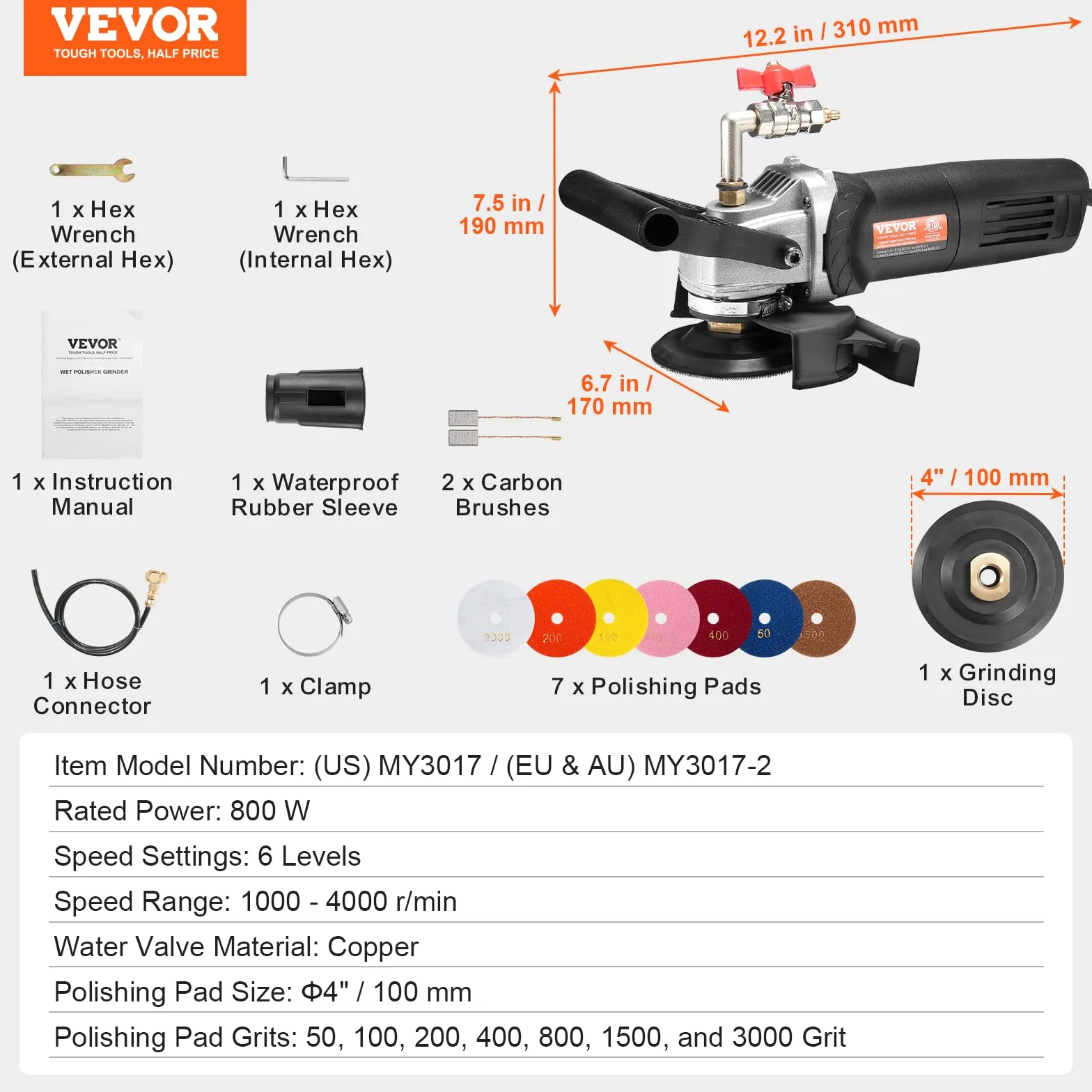 VEVOR Lucidatrice a Umido 800 W, Lucidatrice per Calcestruzzo da 100 mm 6 Velocità Regolabile 7 Tamponi per Lucidatura 1000-4000 giri/min, Interruttore GFCI, per Marmo, Pietra, Roccia, Piastrelle