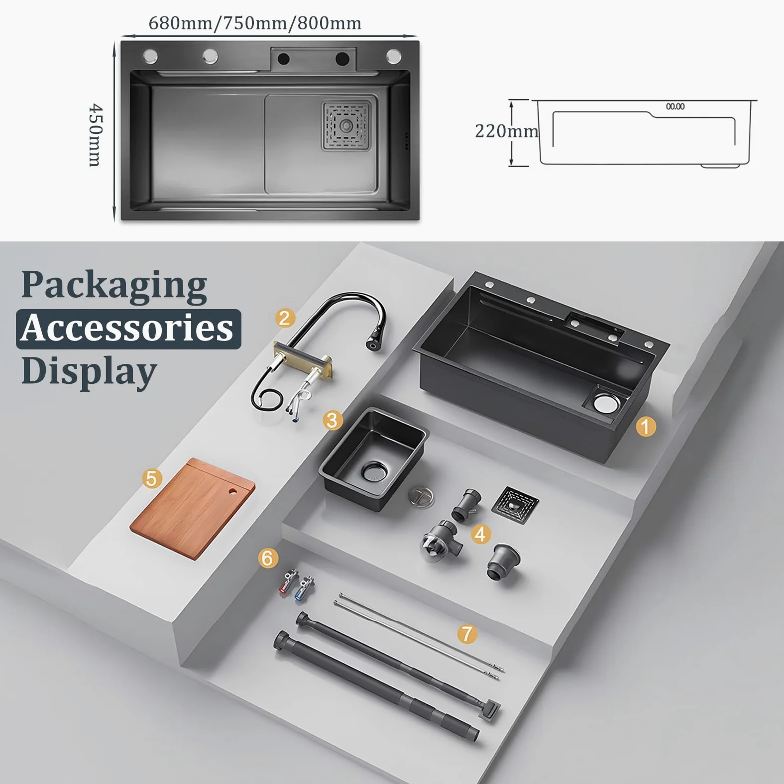 Lavandino da cucina con superficie di lavoro, 80 x 45 cm, dotato di rubinetto a cascata, in acciaio inox, per uso domestico, con idropulitrice, tagliere, scolapiatti e accessori