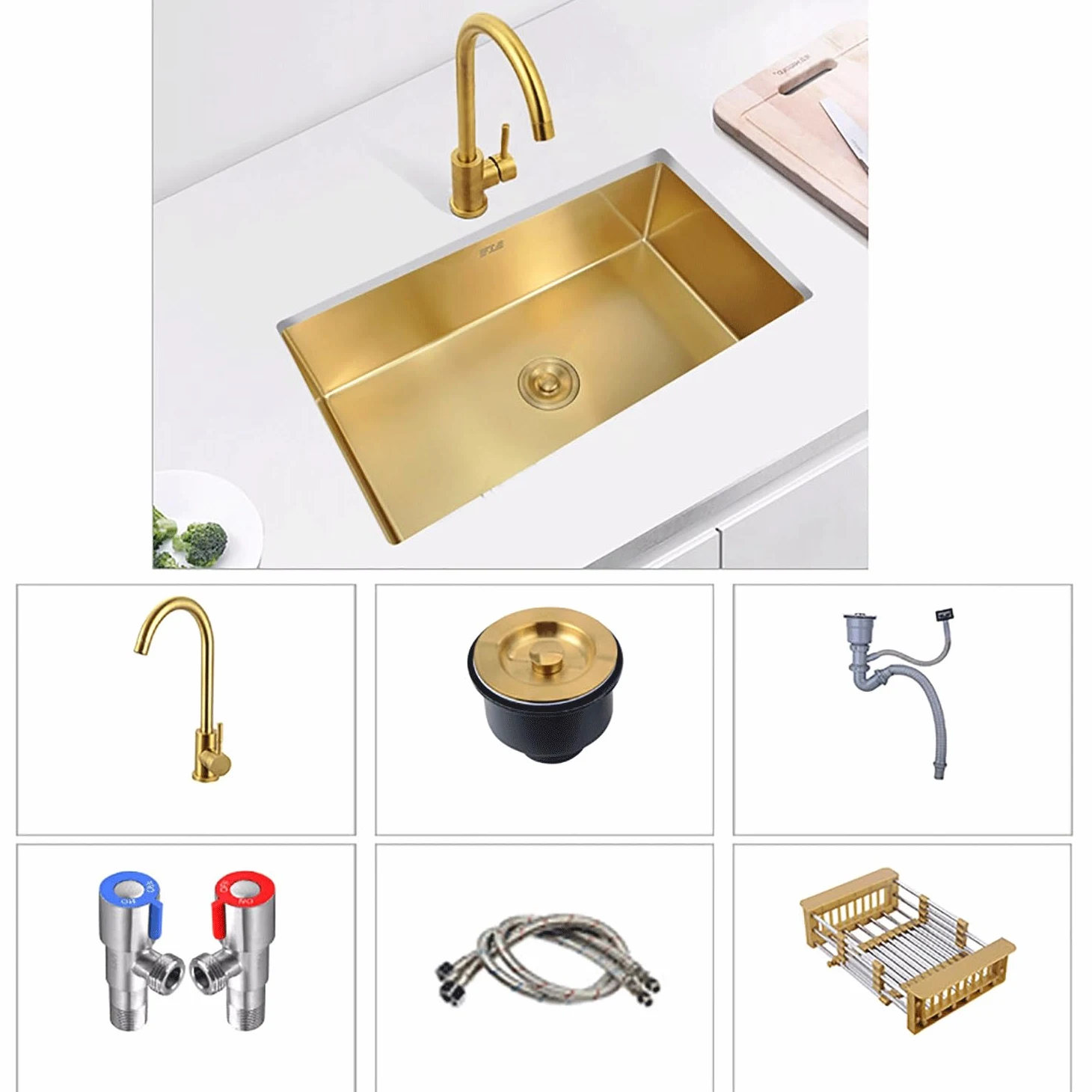 Lavello da cucina in oro Lavandino in Acciaio Inox Vasca Unica Lavabo da Cucina Incasso al mobile Lavandino Commerciale Con miscelatore Cestello di scarico for cucine,balconi,bar(60*40cm(23.6"*15.7"))