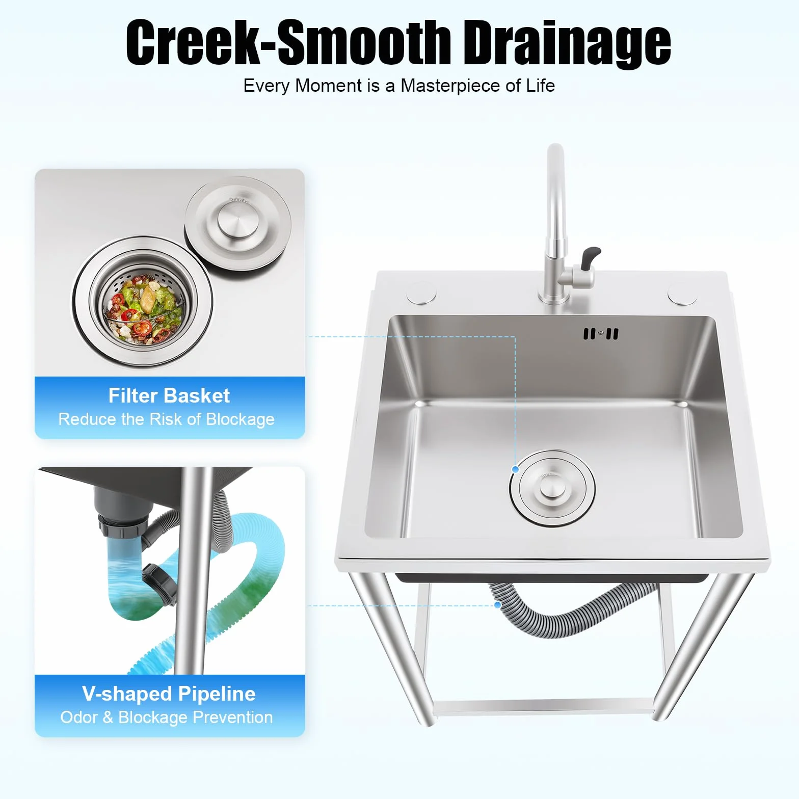 Lavello con base 45 x 40 x 22 cm, mobile lavabo in acciaio inox, per ristorante, lavanderia, esterno