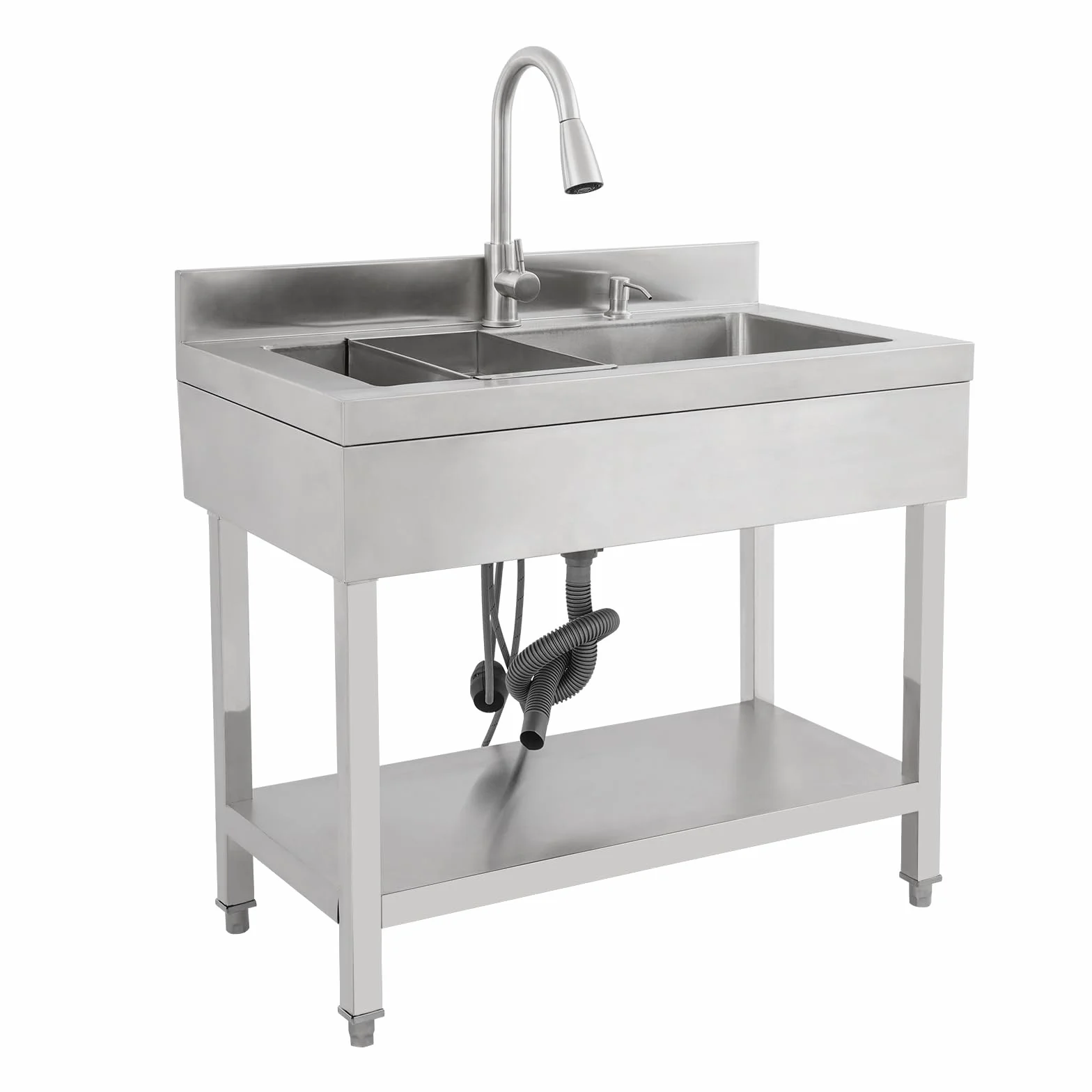 Lavando in acciaio inossidabile a libera installazione, lavello singolo lavello da cucina rettangolare con piedistallo, lavello mobile per cucina, garage, esterno (90x50x80 cm)
