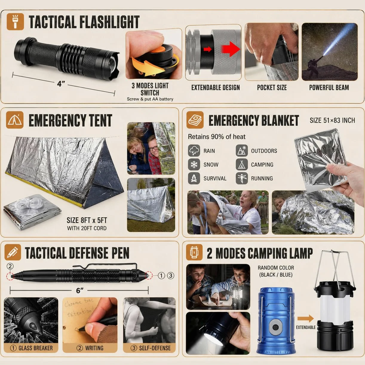 Kit di sopravvivenza, 250 pezzi Kit di primo soccorso per ingranaggi di sopravvivenza con sacchetto compatibile con sistema a molle e tenda di emergenza, kit di emergenza per la terra, avventura