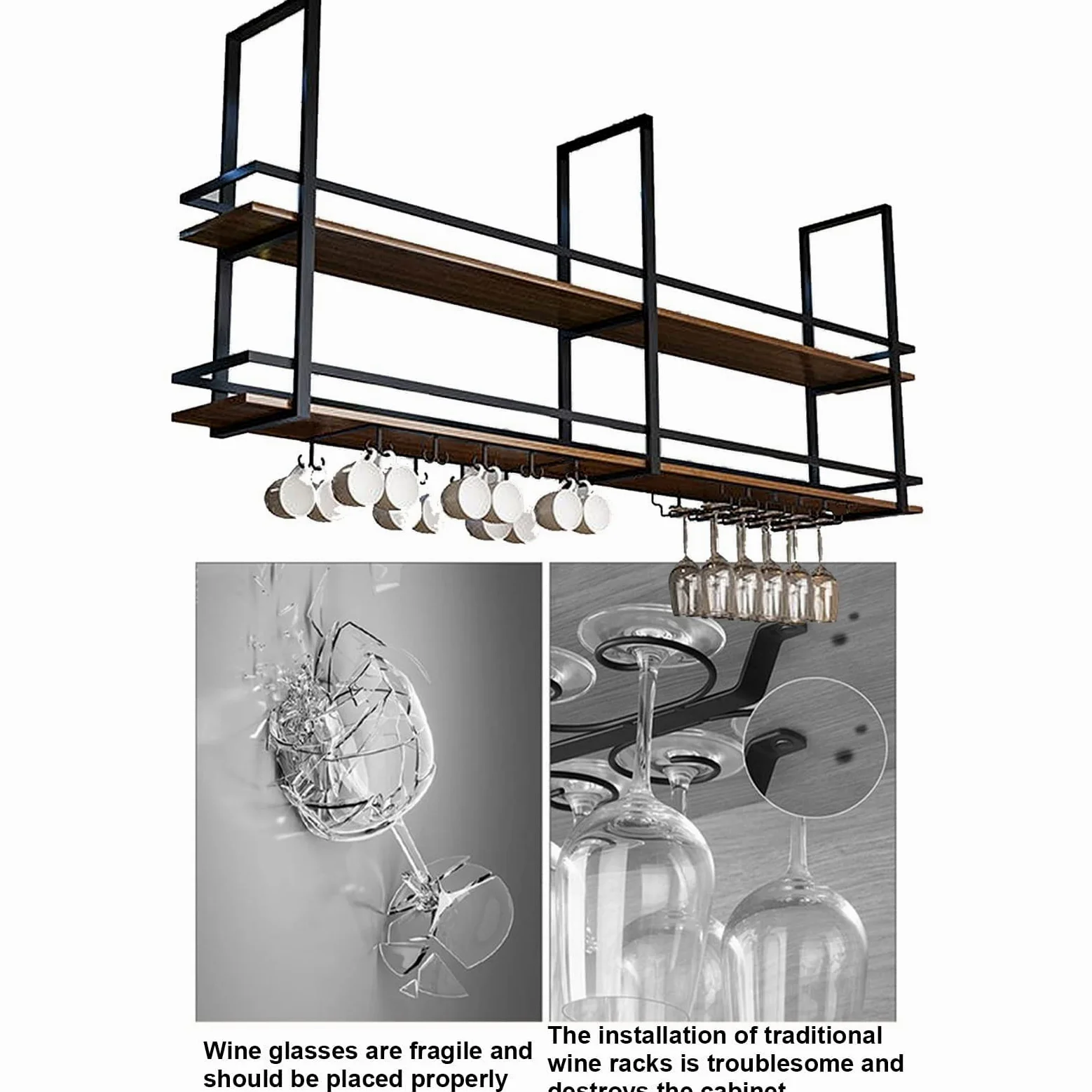 Mensole da Muro di Soffitto in Legno Massello - Porta Bottiglie di Vino A Appeso - Porta Piante Ferro Battut Montato A Parete - Scaffale per Vino con Ringhiera - Installazione Semplice