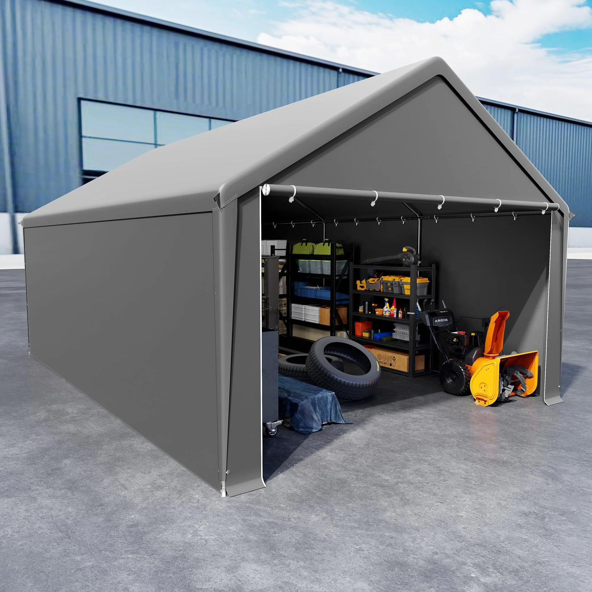 UISEBRT Tenda da magazzino, 4 x 6 m, impermeabile, con robusto telone in PE e telaio in acciaio, ideale come garage per attrezzi, attrezzi da giardino, pallet (grigio)