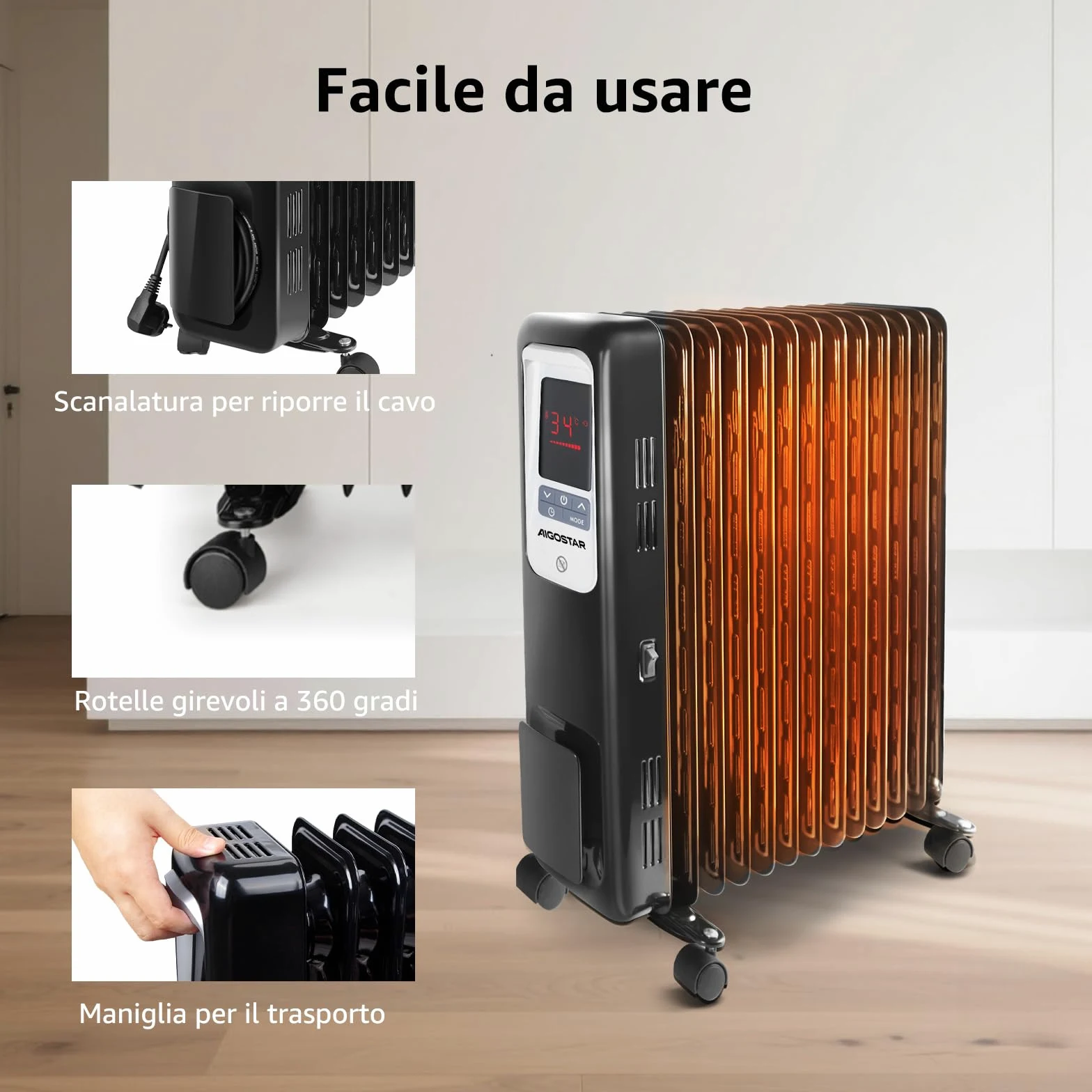 Aigostar Oil Monster 33JHH -Radiatore ad olio da 2500W. Radiatore elettrico 13 elementi con schermo a LED, Telecomando a distanza. Design esclusivo.
